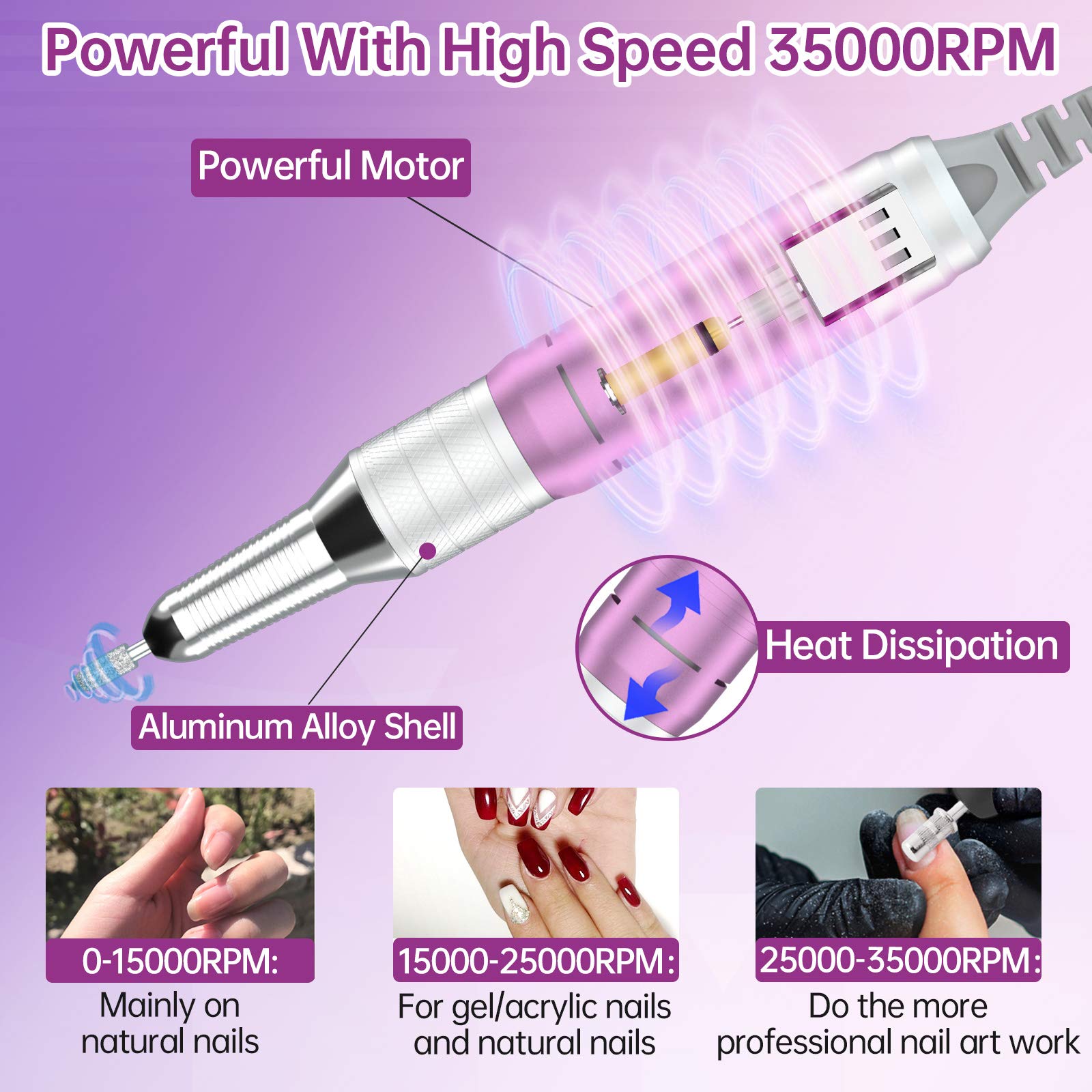 Delanie Professional Portable Electric Nail Drill Machine - 35000 RPM Rechargeable Cordless Nail Filer for Acrylic, Gel & Dip Powder Nails | Salon & Home Manicure Tool | Perfect for Nail Art & DIY Nail Care (Violet)