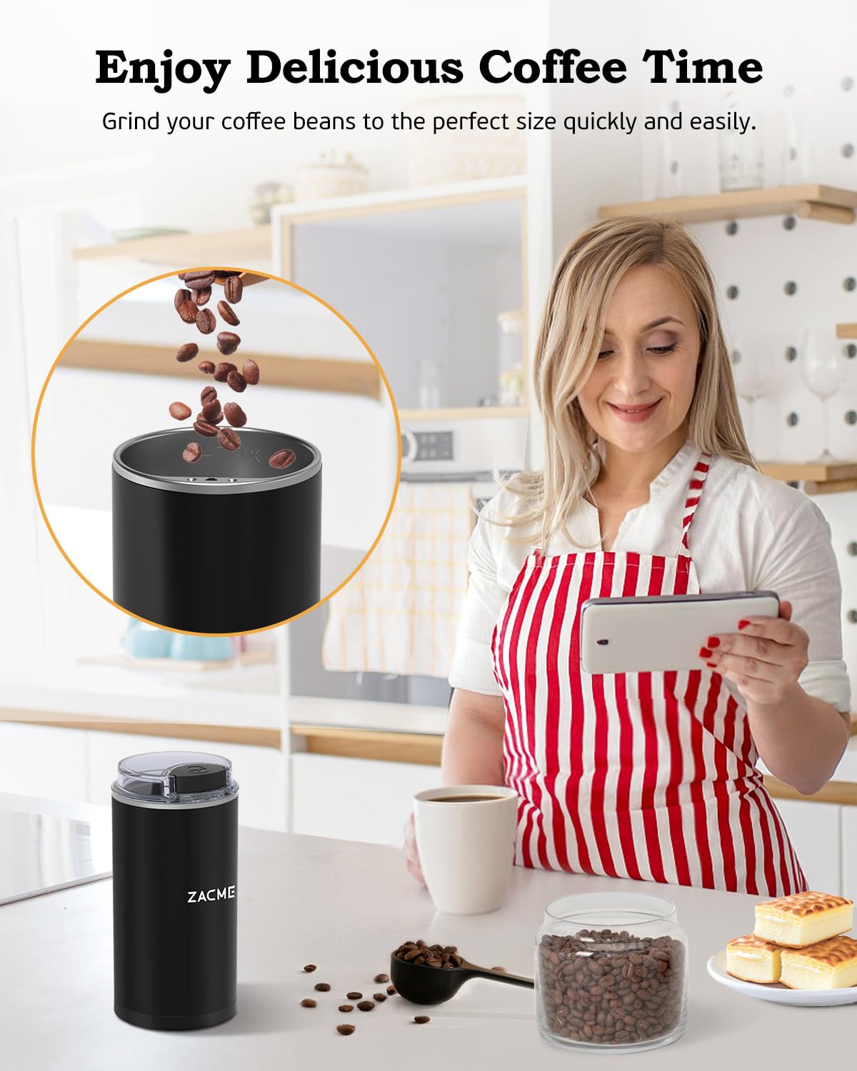 Premium Electric Coffee Grinder for Beans & Spices - Stainless Steel Blades with Cleaning Brush - One-Touch Operation for Home & Kitchen Use - Perfect for Fresh Coffee, Herbs, Nuts & Spice Preparation - Ideal for Coffee Lovers & Home Chefs (Black)