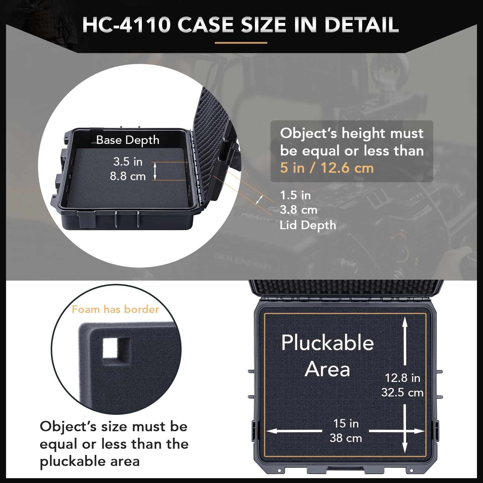 Lykus HC-4110 Waterproof Hard Protective Case with Customizable Foam Insert - 41x36x13cm Interior for 16