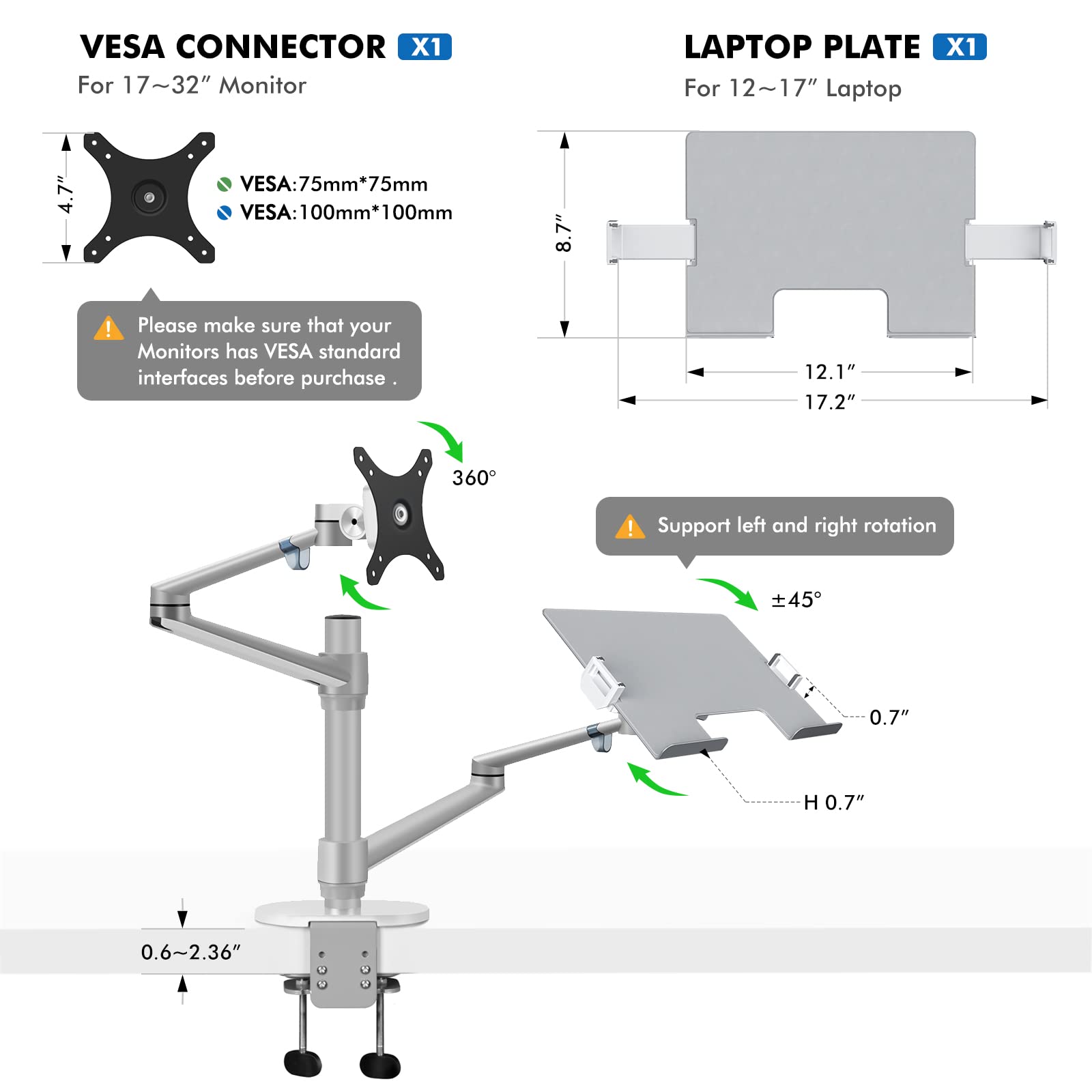 Viozon Adjustable Dual Monitor and Laptop Mount Stand - 2-in-1 Ergonomic Desk Clamp for 17-32 Inch LCD Screens & 12-17 Inch Laptops (Silver) - Perfect for Home Office, Gaming Setup, and Workspace Organization