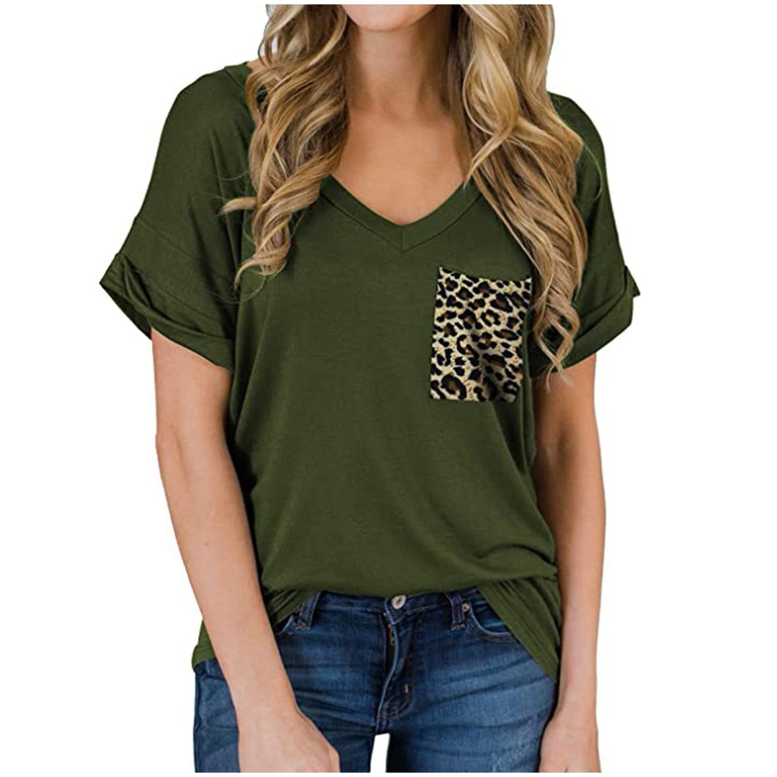 Women's Casual Leopard Print V-Neck Short Sleeve Tunic Top with Pockets - Summer Loose Fit Blouse for Beach, Vacation & Everyday Wear