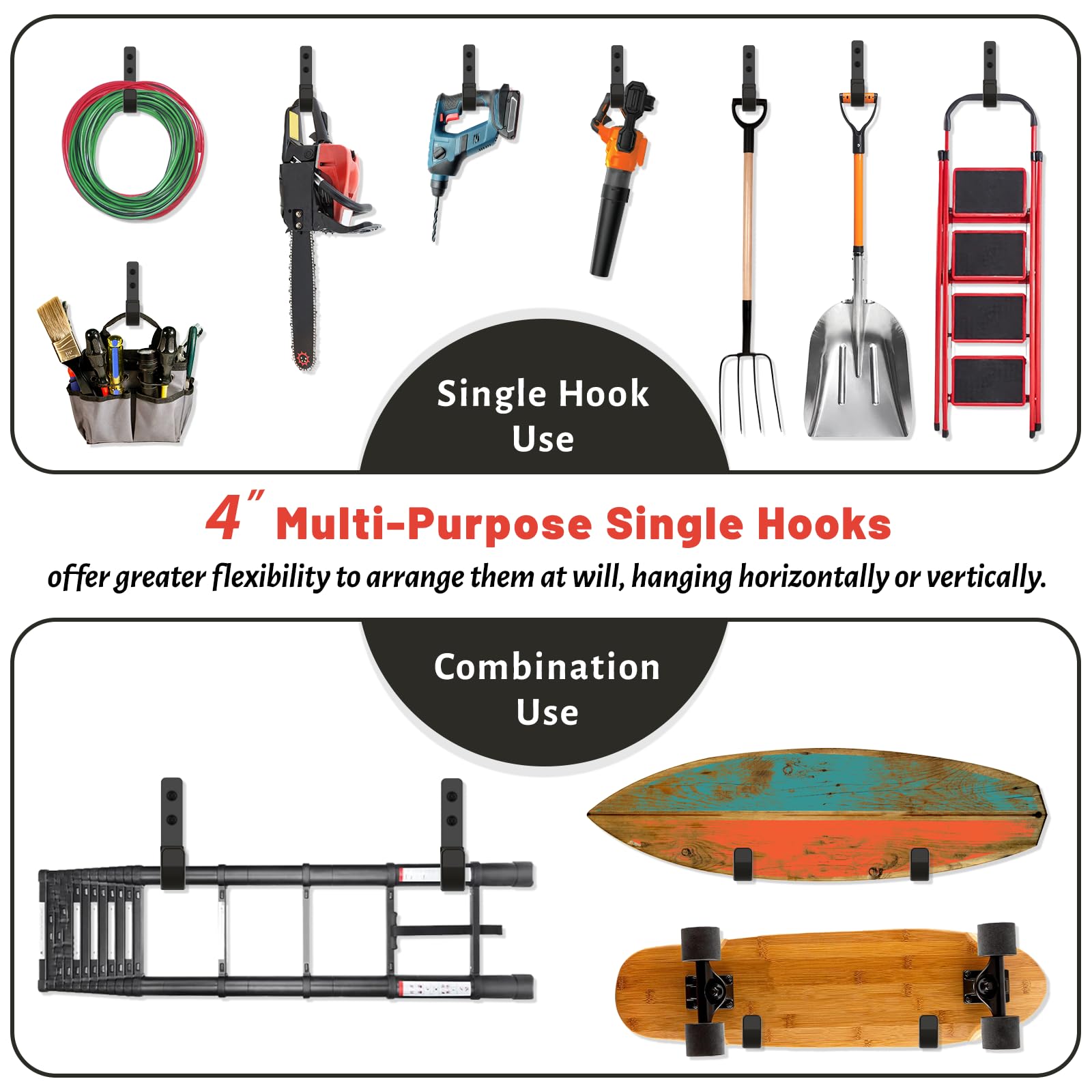 SunVFaFa 4 Inch Heavy Duty Steel Garage Hooks (6 Pack) - 55lbs Capacity Wall Mount Hangers for Ladders, Garden Hoses & Tool Organization | Perfect for Garage Storage, Workshop Organization & Outdoor Equipment Hanging
