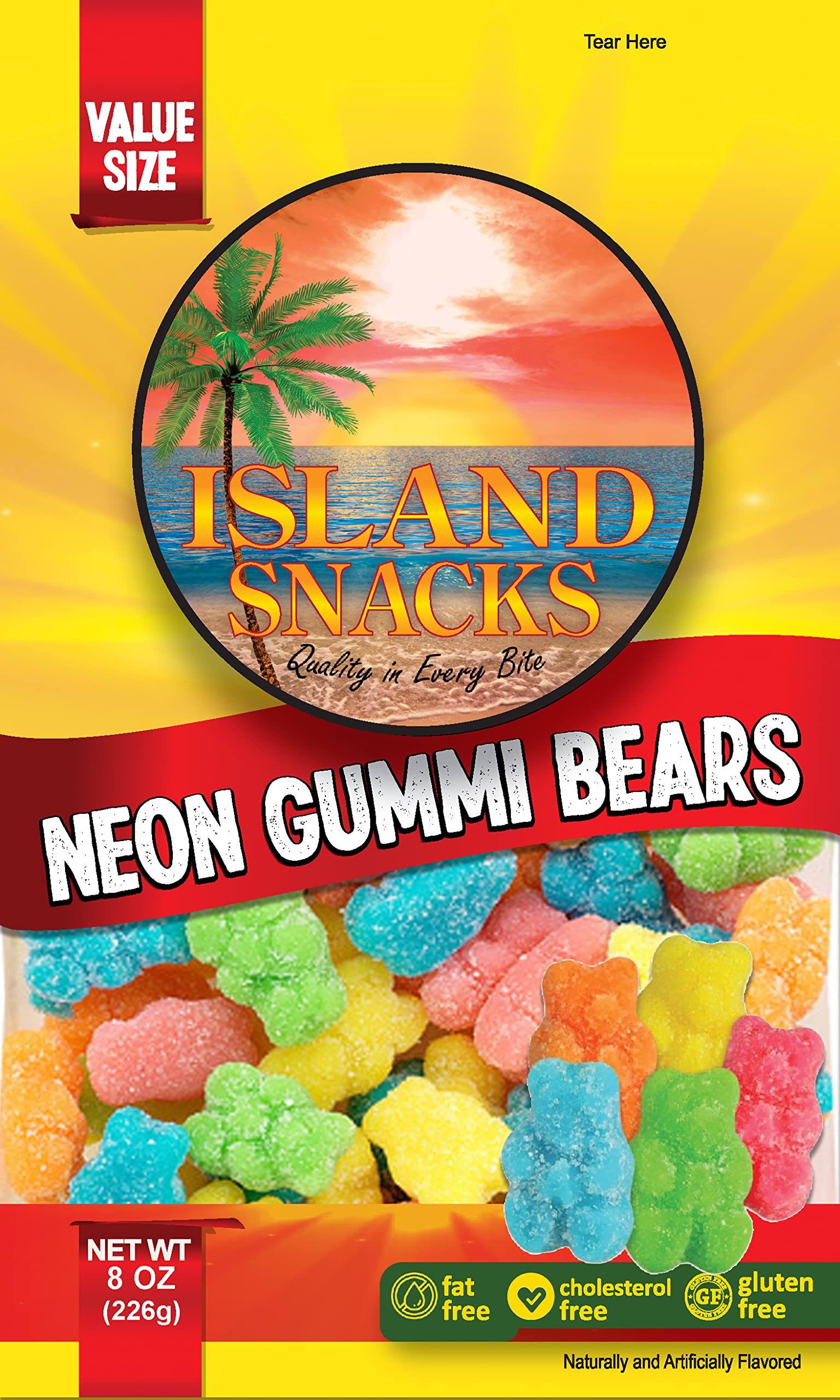 Neon Gummy Bears Candy - Tropical Island Snacks - 8oz (6-Pack) - Bulk Sour Gummy Worms Alternative - Perfect for Birthday Parties, Movie Nights & Office Treats