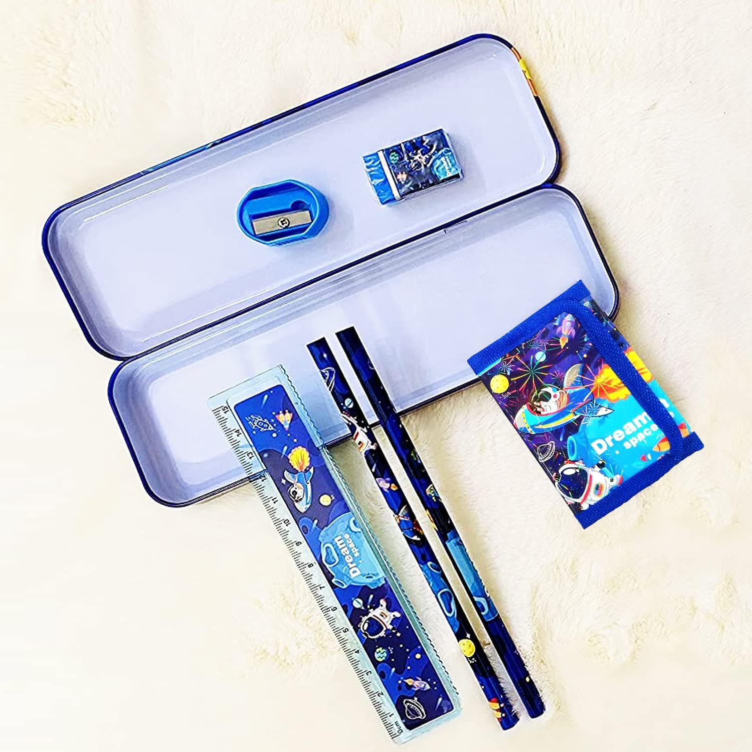FETE PROPZ Space Stationery Kit for Boys - 7 Pc Blue School Supplies Set with Pencil Box, Wallet, Eraser & Sharpener | Perfect Return Gifts for Birthday Parties & Back to School