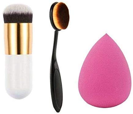 Professional Foundation Brush Set - Oval Makeup Brush & Beauty Blender Sponge Combo (3-Piece) for Flawless Liquid & Powder Application - Perfect for Contouring, Highlighting & Airbrush Finish