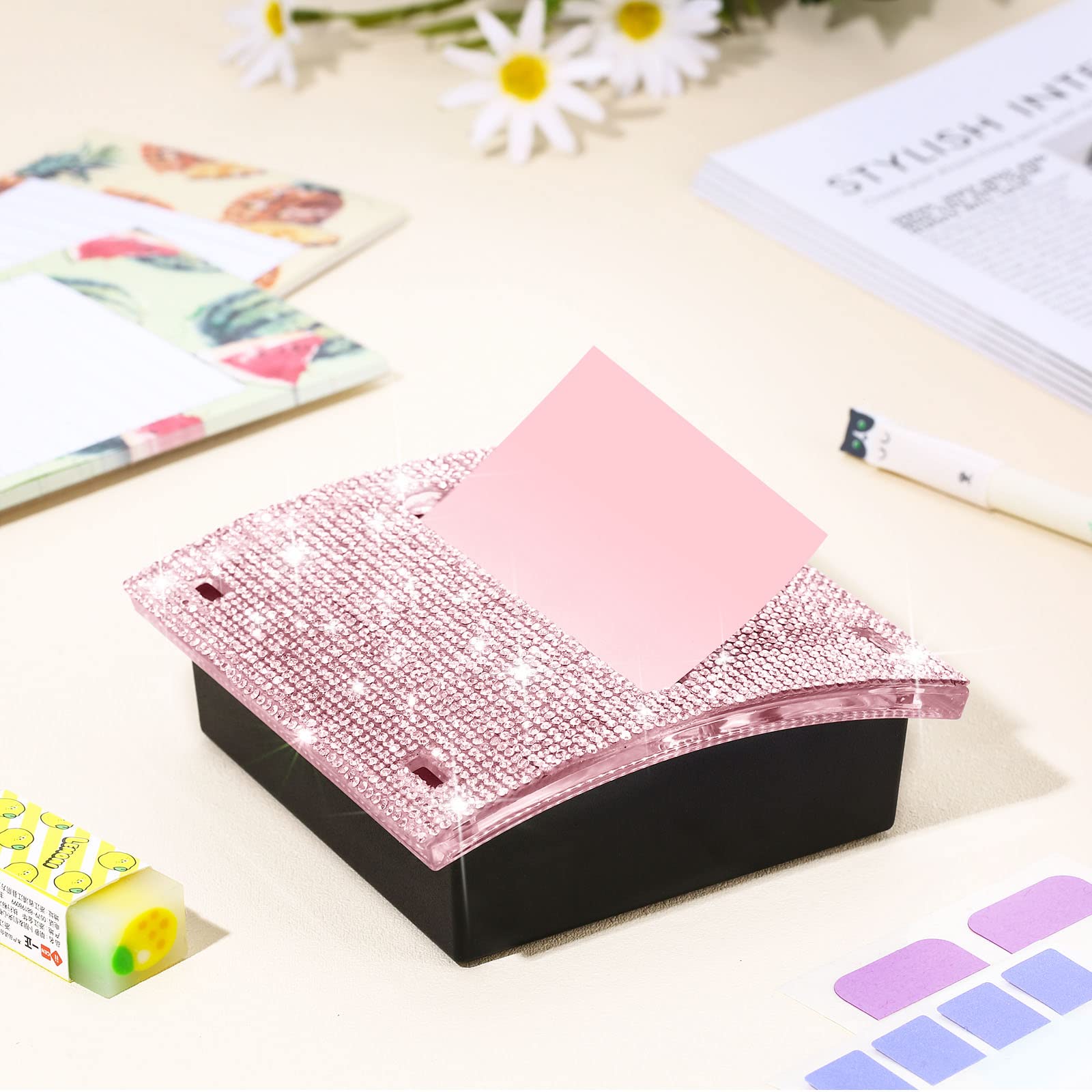 Eersida 4x4 Inch Rhinestone Self-Stick Note Pad Holder - Sticky Memo Dispenser for Office, Home, Desk Organization (Pink) | Perfect for Reminders, Grocery Lists & Task Management