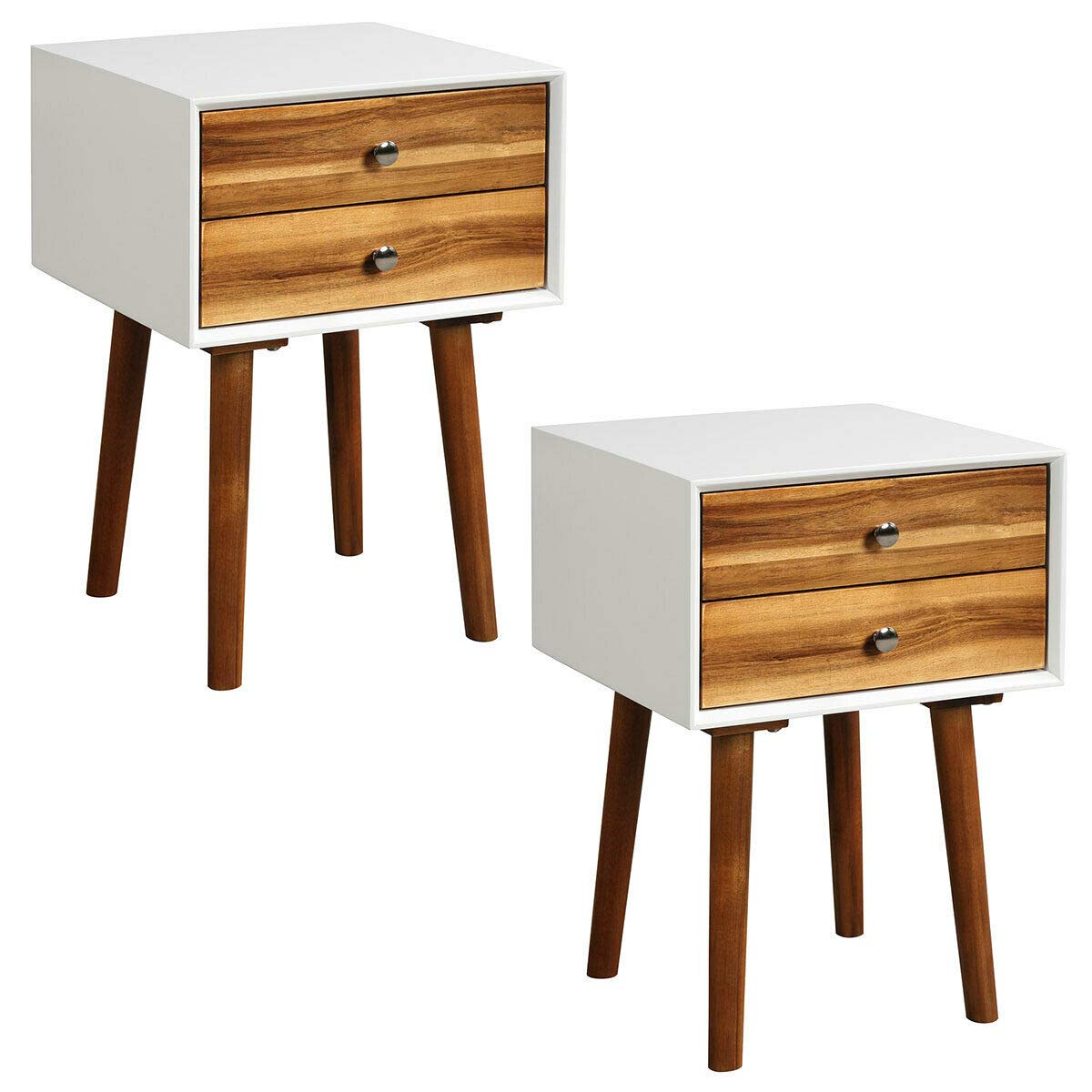 Vintage Wooden Nightstand with 2 Storage Drawers - Retro Bedside Table, End Table, Cabinet - Sturdy, Durable & Scratch-Resistant - Easy to Clean Brown Finish - Set of 2 - Perfect for Bedroom, Living Room & Office Use