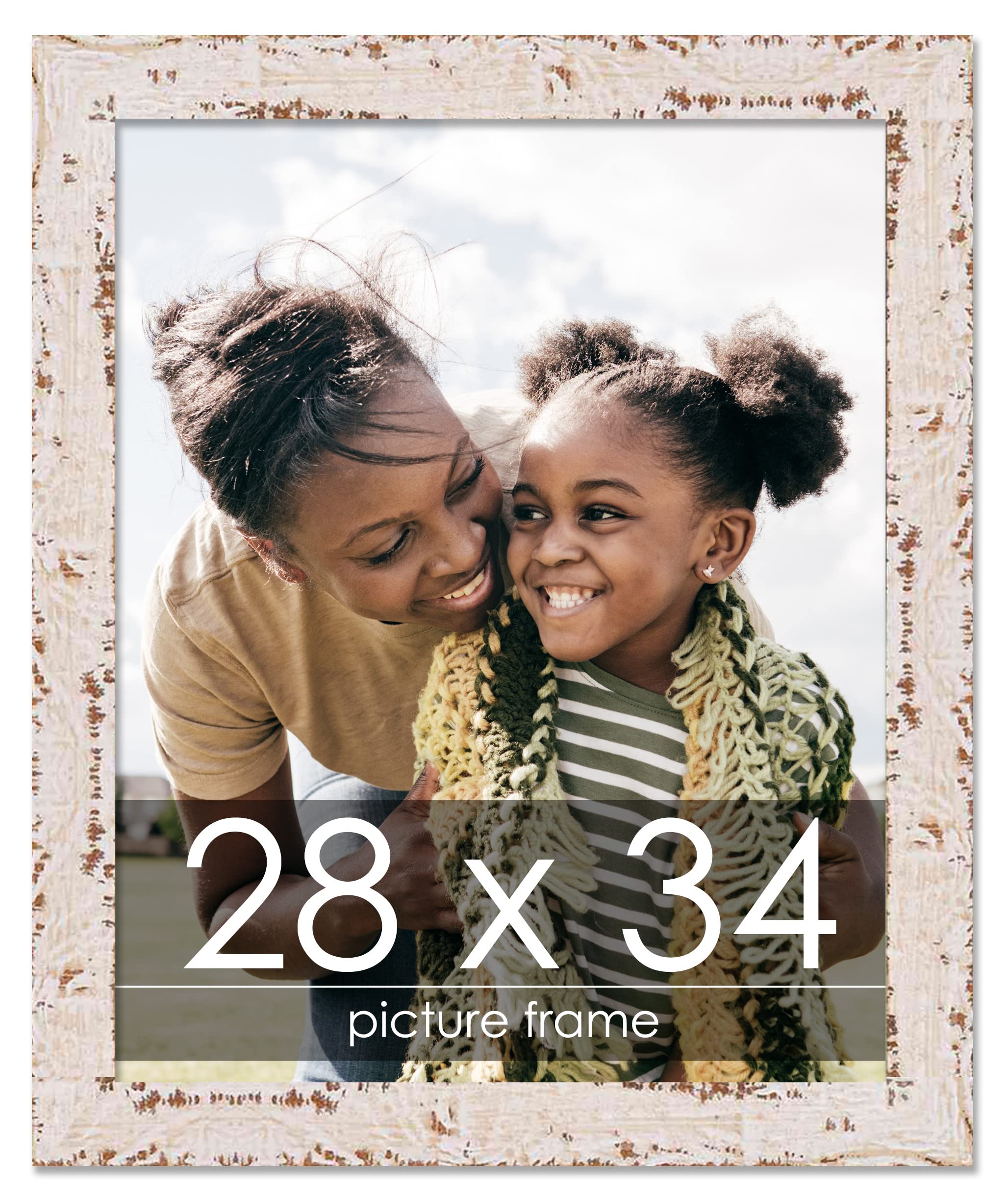 28x34 Rustic White Farmhouse Picture Frame - Solid Wood Shabby Chic Photo Frame with UV Acrylic, Foam Backing & Hanging Hardware - Perfect for Wall Art, Gallery Displays & Home Decor