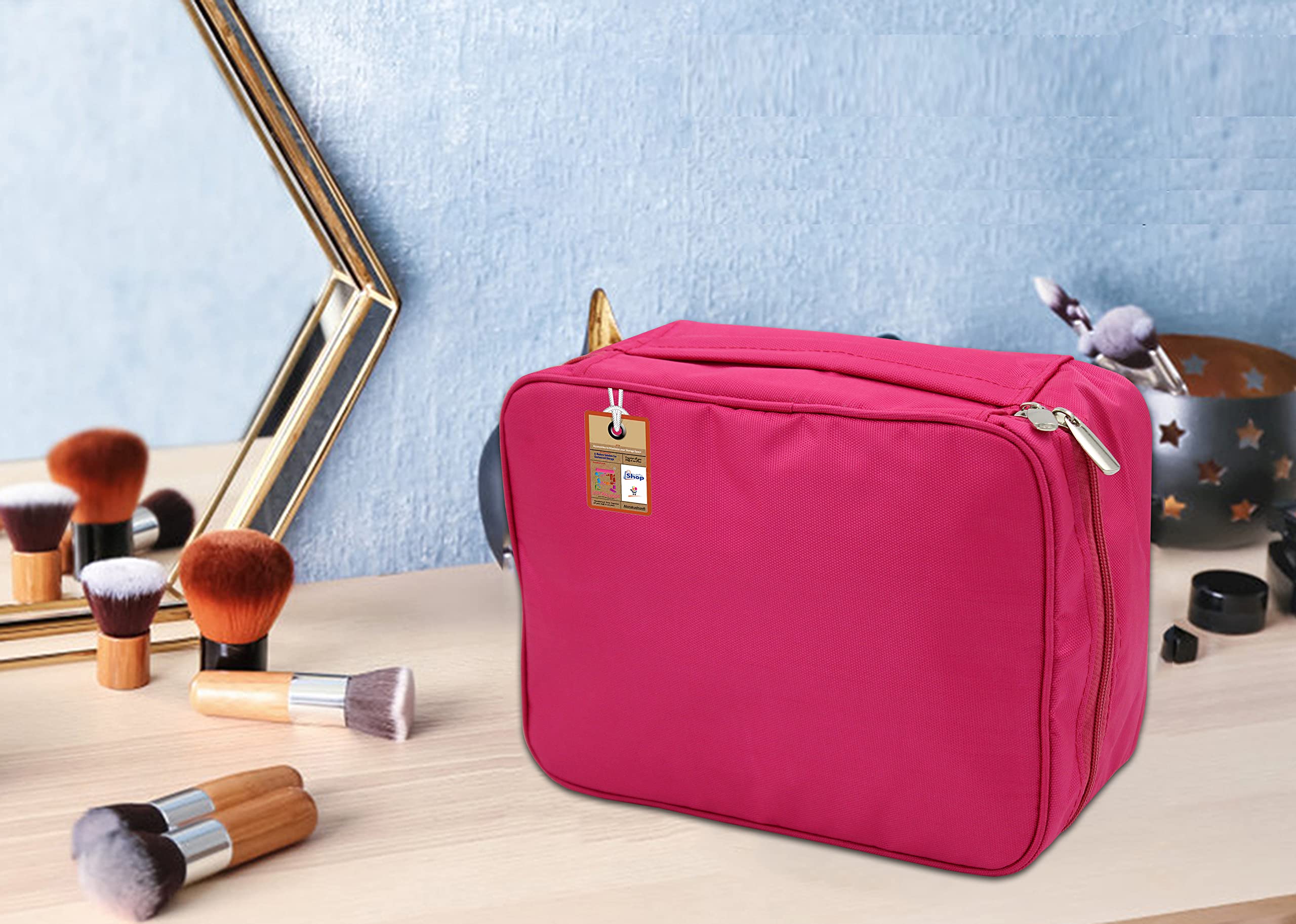 Waterproof Fabric Cosmetic Bag for Women - Adjustable Makeup Pouch & Jewelry Organizer, Travel Vanity Case with Multiple Compartments, Pink Grooming Storage Box for Home, Office and Vacation Use