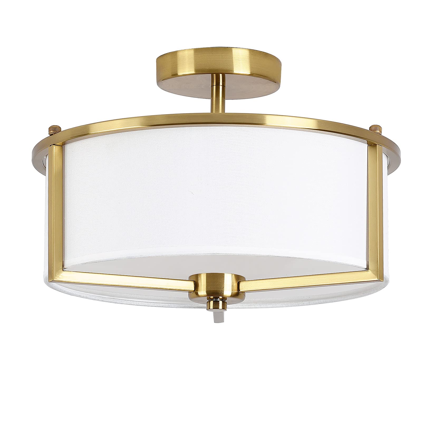 Bargeni 13 Inch Gold Drum Semi Flush Mount Ceiling Light Fixture with White Fabric Shade - Modern Close-to-Ceiling Lighting for Bedroom, Hallway, Dining Room & Foyer | Perfect for Home, Office and Commercial Spaces