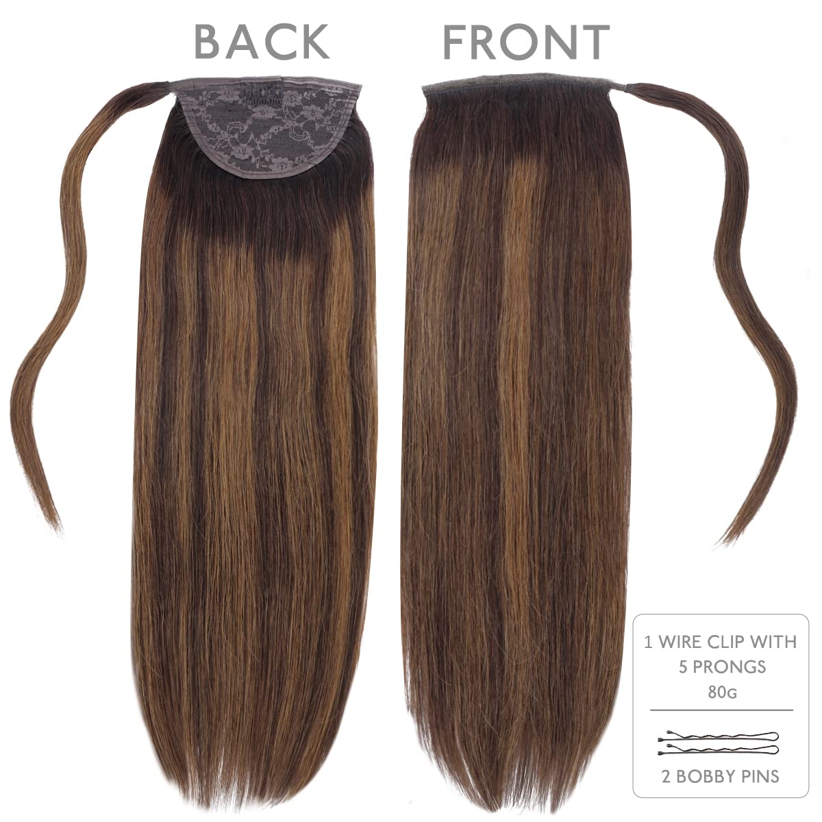 WENNALIFE 18 Inch Clip-in Ponytail Hair Extension - 80g Dark Brown Mixed Chestnut Brown Human Hair - Remy Hair Wrap Around Ponytail for Women - Perfect for Parties, Weddings & Daily Styling