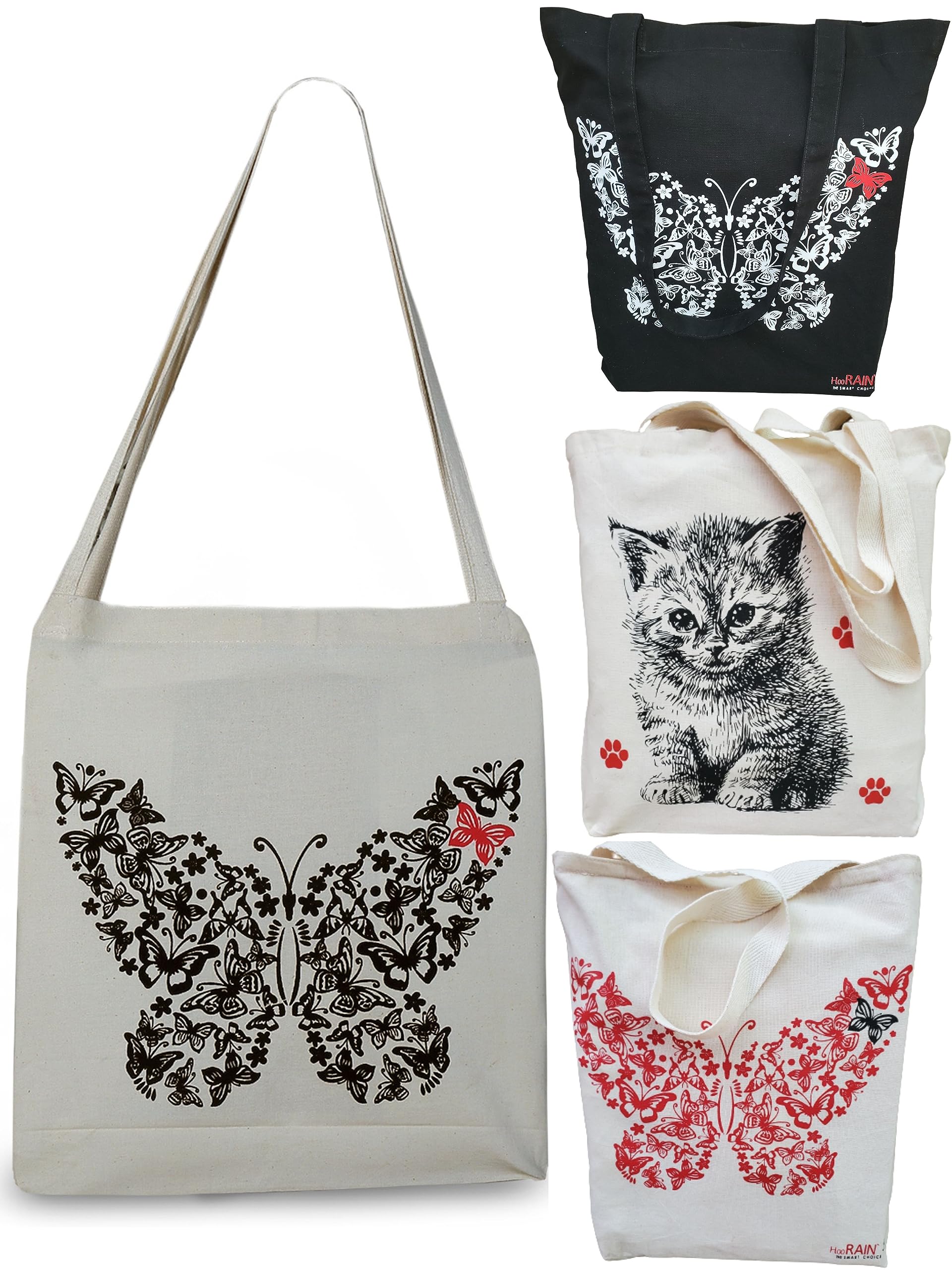 4-Pack Aesthetic Cute Butterfly & Kitty Printed Canvas Tote Bags for Women & Girls - Perfect for Work, Beach, Travel, Shopping & Grocery
