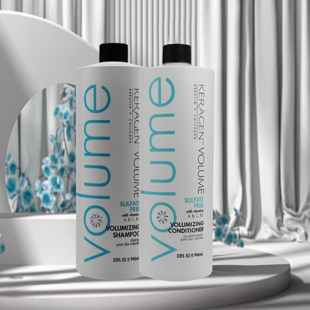 Keragen Volumizing Shampoo & Conditioner Set for Fine Hair - Sulfate Free with Keratin & Collagen - Adds Volume & Strength for Thin, Flat Hair - Perfect for Daily Hair Care Routine