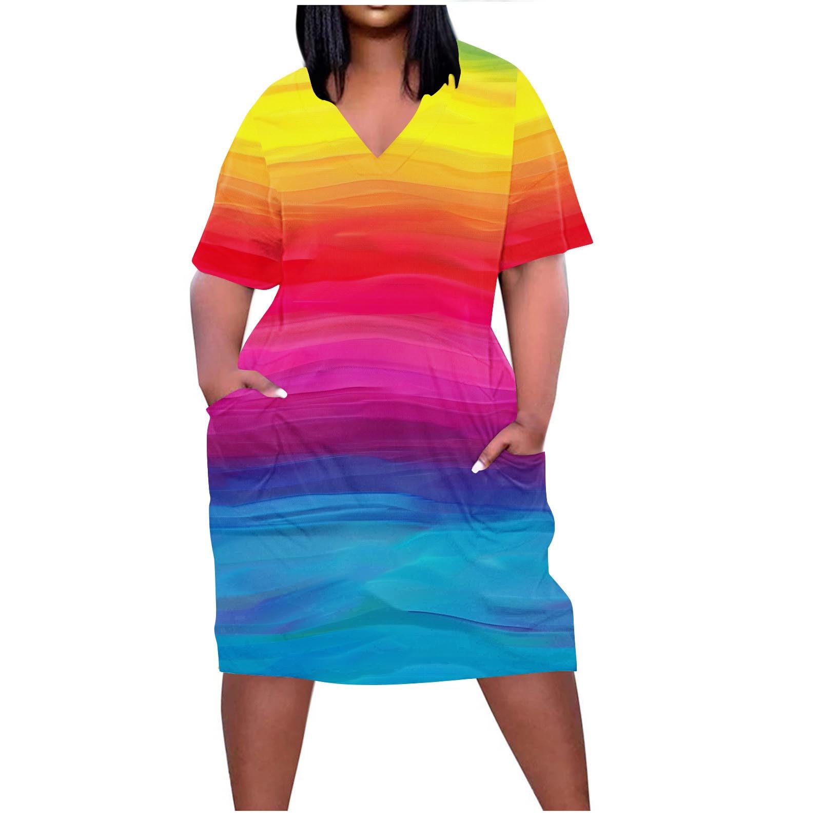 2024 Plus Size Summer Dresses for Women - Flattering Midi Tshirt Dress with V Neck & Pockets | Casual Short Sleeve Outfit for Beach, Vacation & Everyday Wear (Small)
