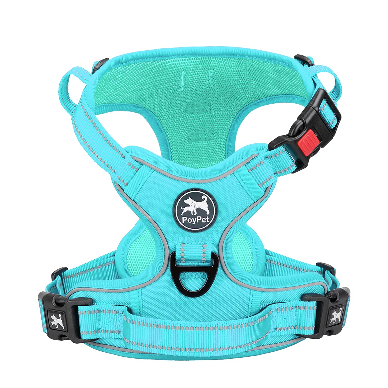 PoyPet No Pull Dog Harness - Reflective Adjustable Pet Vest with Padded Handle for Small Medium Large Dogs - Mint Blue with Matching Trim (Size L) | Perfect for Walking, Training & Nighttime Safety