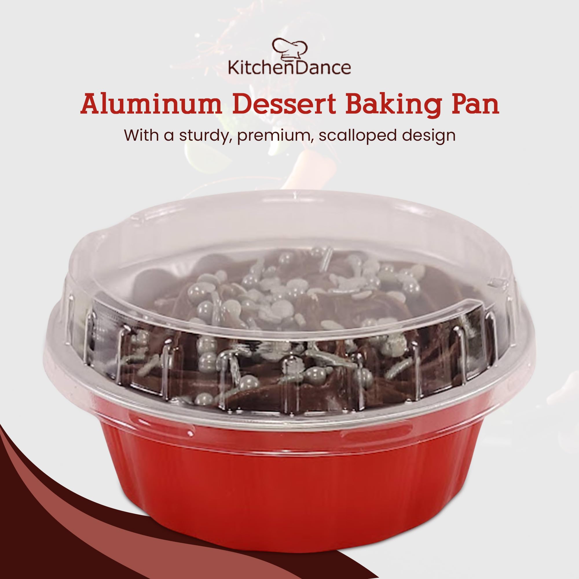 KitchenDance 8oz Disposable Round Aluminum Foil Pans with Snap-on Plastic Lids - Mini Cake Pans for Baking, Cupcake Tins, Party Dessert Containers - Vibrant Colors & Sturdy Scalloped Design (Set of 12) - Perfect for Birthday Parties, Picnics, and Holiday Baking