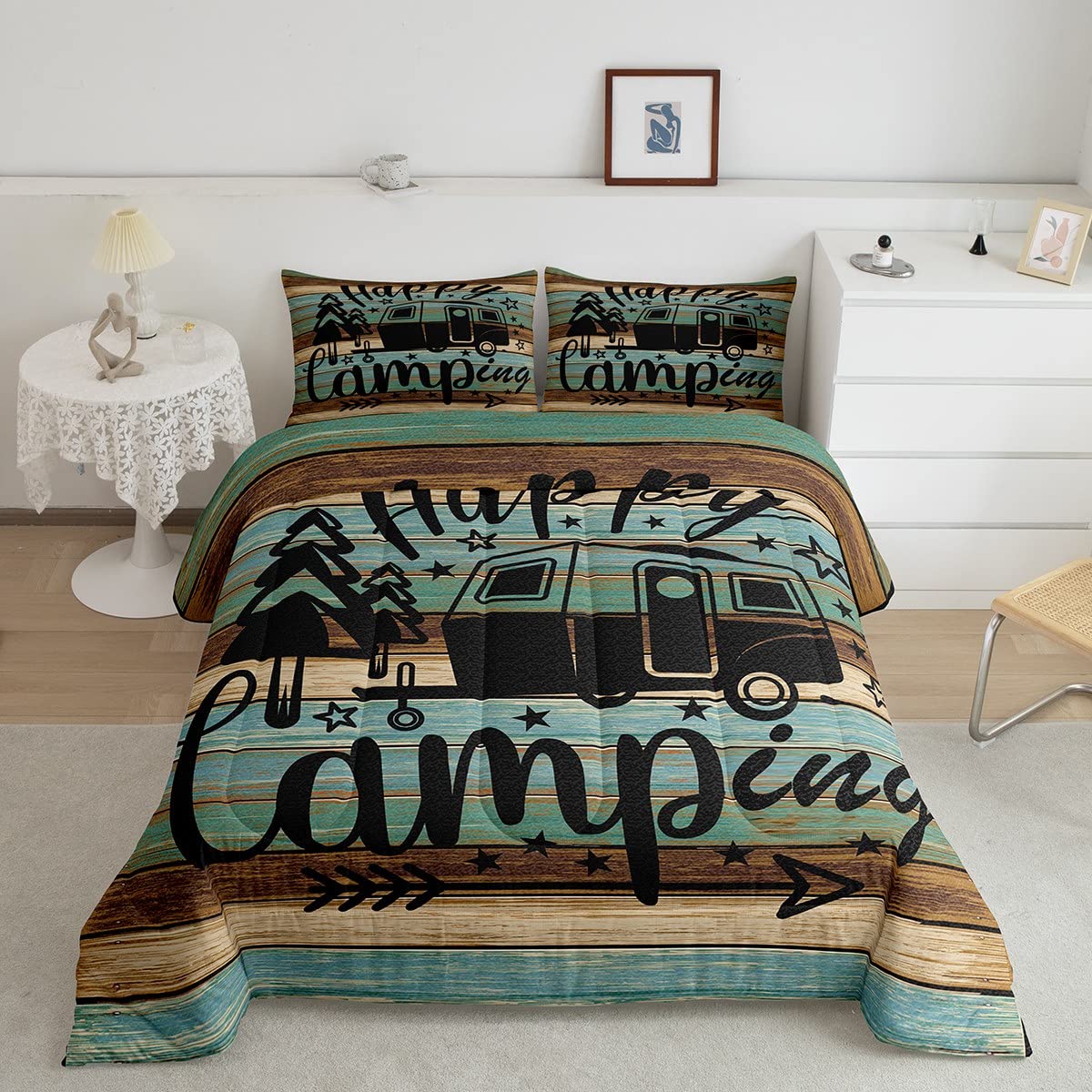 Rustic Farmhouse Style Comforter Set - Vintage Wooden Door Design Queen Size Bedding for Boys & Girls | Cozy Camping Themed Quilt Set for Travel, Car Trips & Kids Room Decor | Perfect for Cabin, Dorm & Adventure-Themed Bedrooms