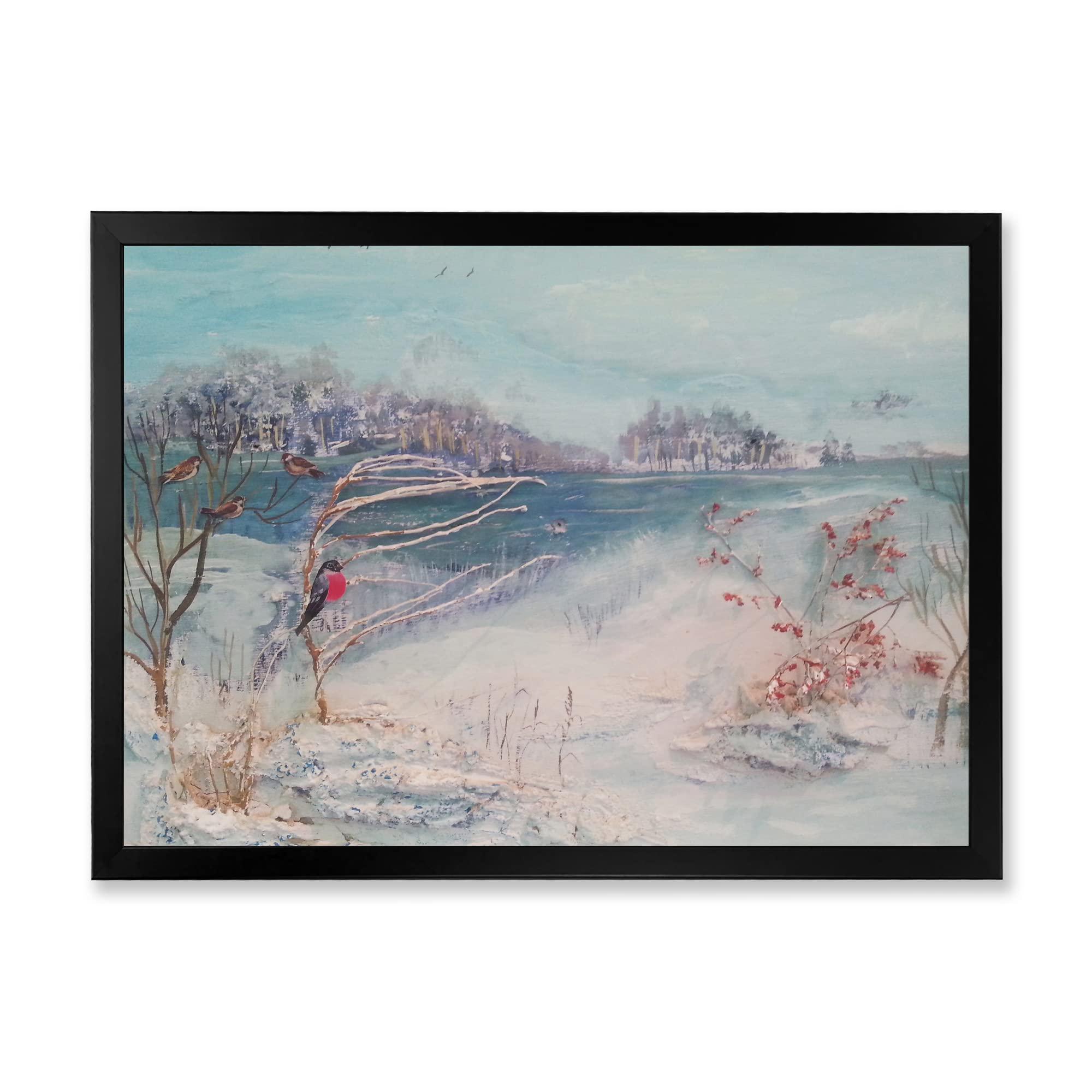 Winter Trees River and Birds Lake House Framed Wall Art - Nature Landscape Painting for Living Room, Bedroom & Office Decor - Perfect Gift for Home & Holiday Season