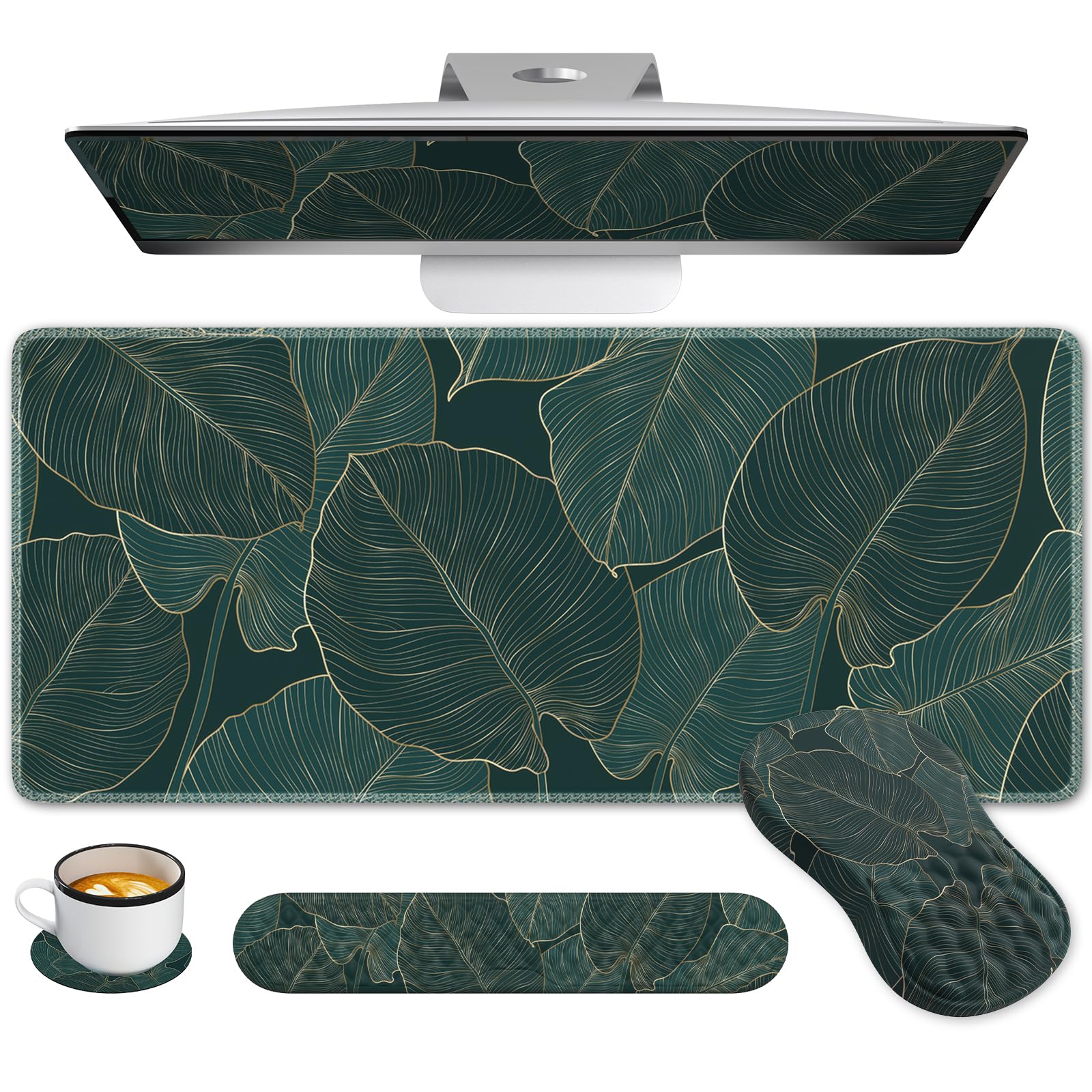 4-in-1 Ergonomic Desk Mat for Keyboard and Mouse - Large Memory Foam Wrist Rest Pad with Soft Palm Support (Palm Leaves Design) - Perfect for Office, Gaming & Home Workspace Comfort