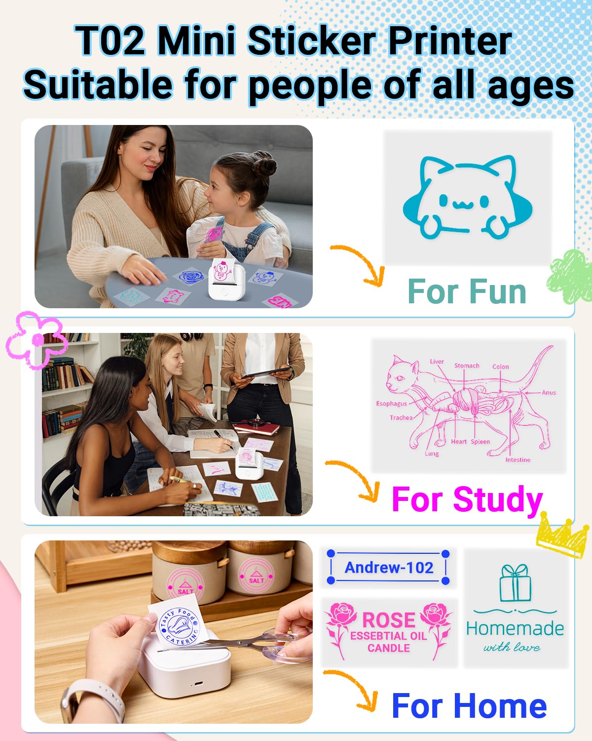 Memoking T02 Portable Thermal Sticker Printer - Inkless Mini Printer for Sticky White Paper, Print Pods & Phone Stickers | Perfect for DIY Crafts, Scrapbooking, Labeling & Small Business Packaging