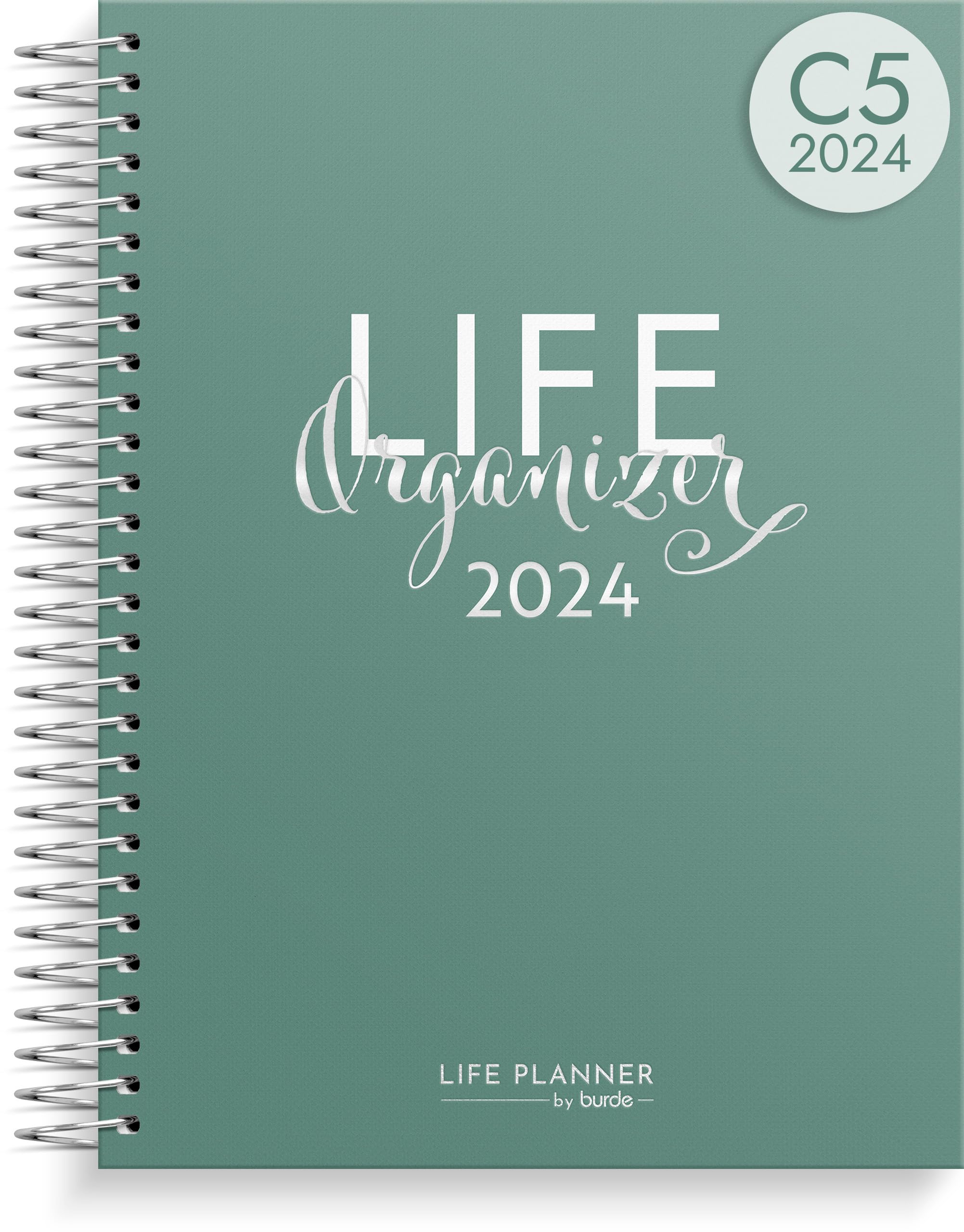 Burde Planner 2024-2025 - Green Hardcover Life Organizer with Silver Spiral Binding | Daily Weekly Monthly Planner & Scheduler | Thick Paper | Perfect for Work, School, and Personal Goal Tracking