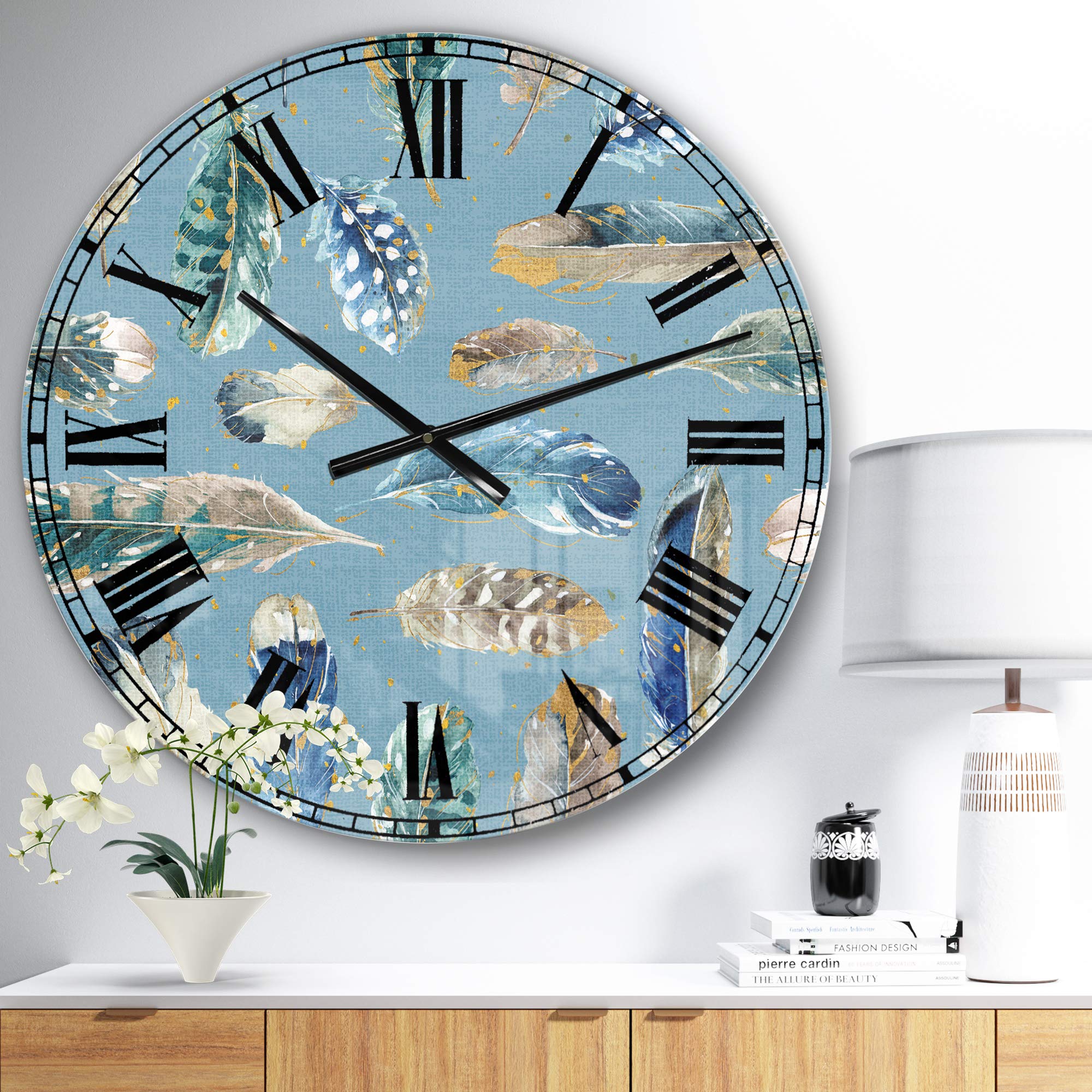 DesignQ Traditional Wall Clock - Indigold Feathers Turquoise Pattern - Large Decorative Clock for Office, Living Room & Bedroom - Perfect for Home & Office Décor