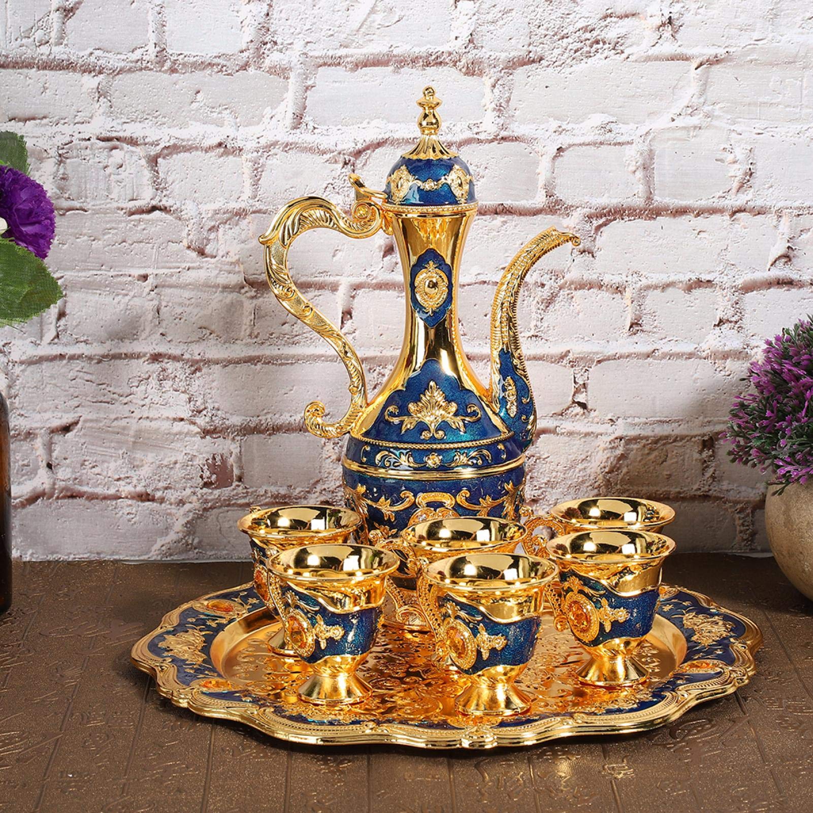 Premium Turkish Tea Set with Vintage Teapot & 6 Cups - Traditional Copper Coffee Pot with Espresso Cups & Saucers - Elegant Gift for Tea Parties, Weddings & Home Decor (Royal Collection)