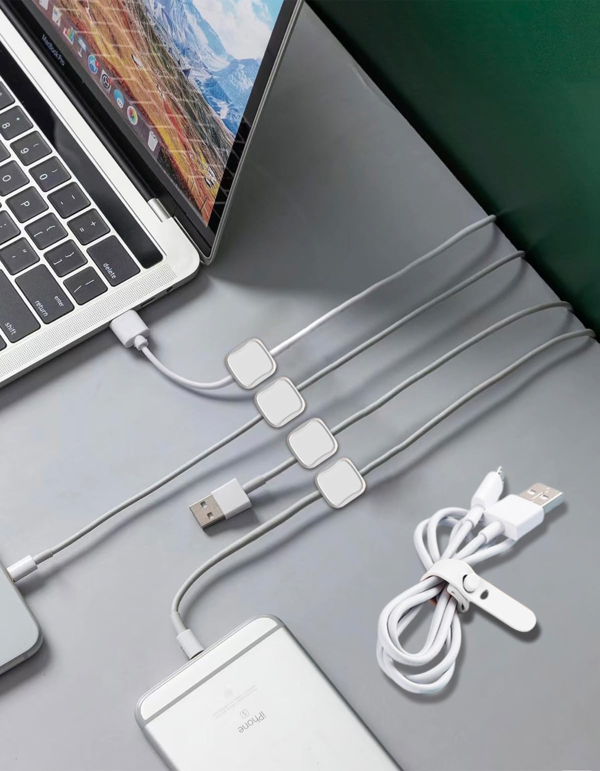8-Pack Magnetic Cable Clips & Silicone Cable Ties - Adjustable Cord Organizer for Under Desk, Wall, Car & Nightstand - Adhesive Wire Holder for Home & Office Cable Management (Perfect for Organizing Chargers, Headphones & Computer Wires)