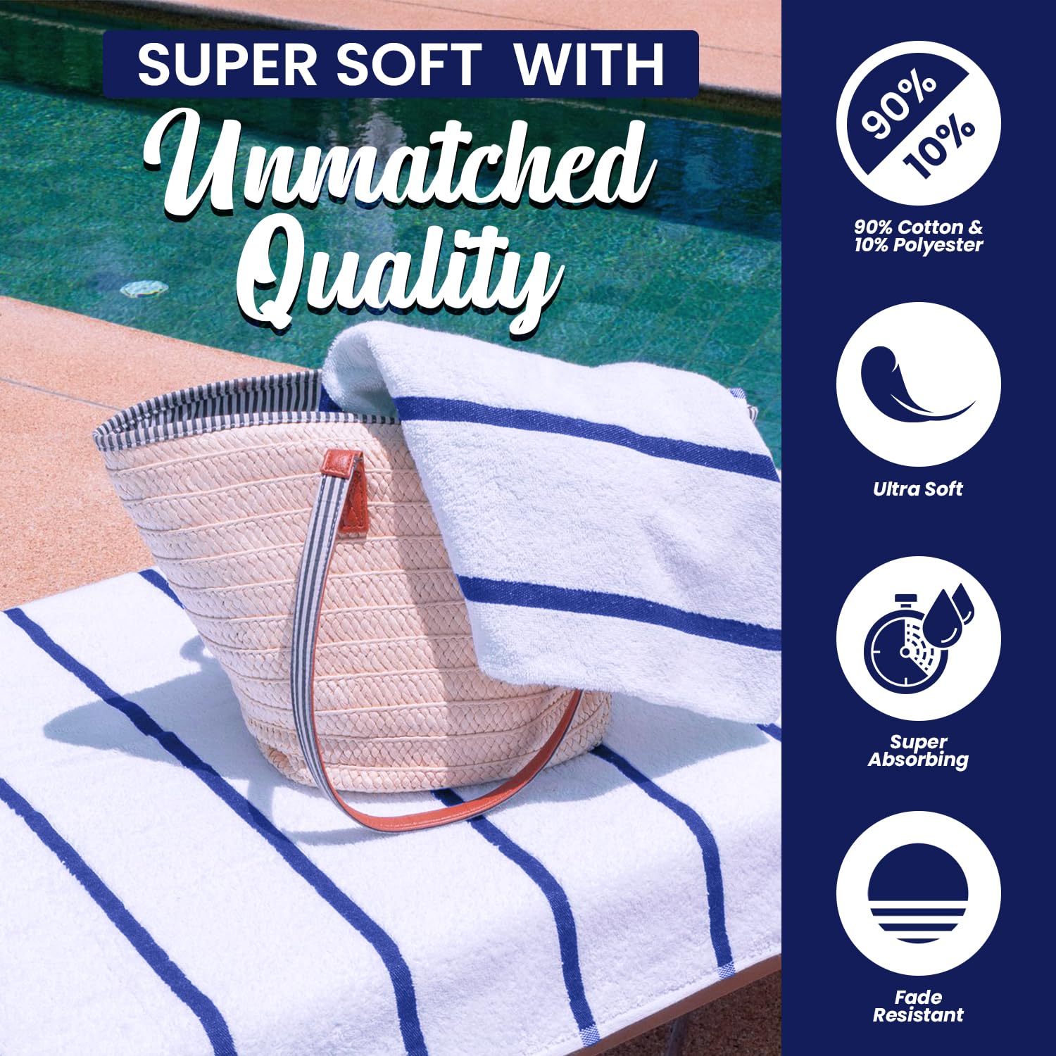 Belem Blue Horizontal Stripe Oversized Pool Towels Bulk 30x60 Inches - 60 Pack Quick-Drying Beach Towels | Highly Absorbent Spa & Hotel Bath Sheets | Soft & Durable Bulk Towels for Pool, Beach, Gym, Yoga, Travel and Home Use