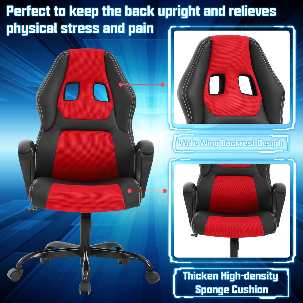 Ergonomic Gaming Chair for Adults & Teens - High Back PU Leather PC Computer Office Chair with Lumbar Support, Adjustable Height & 360° Swivel - Perfect for Gaming, Work & Study (Red)