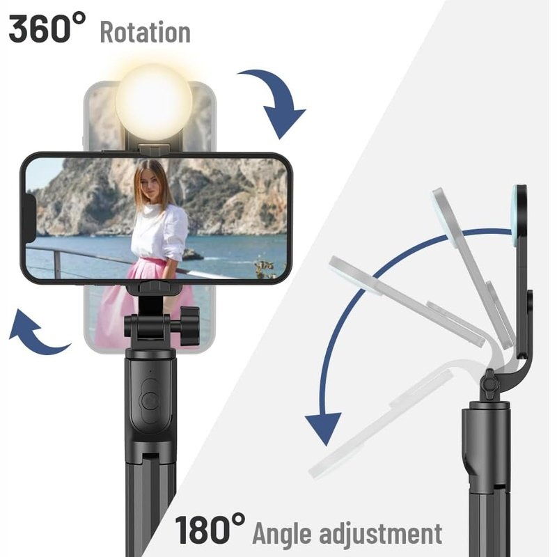 Extendable Selfie Stick Tripod with LED Light & Wireless Bluetooth Remote - Perfect for Travel, Vlogging, and Group Photos