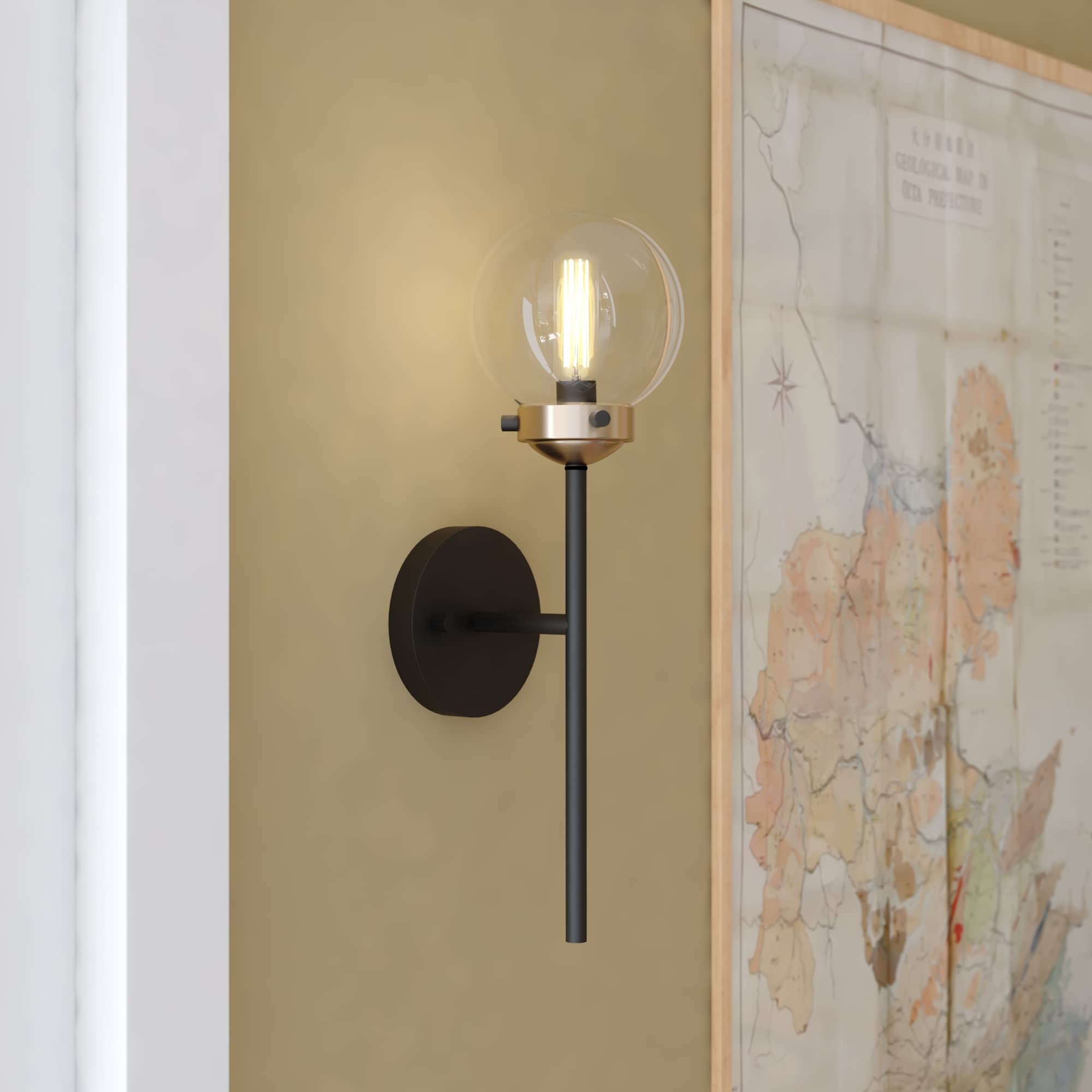 VAXCEL Orbit 1 Light Wall Sconce in Brass & Oil Rubbed Bronze with Clear Glass Globe - Mid Century Modern Industrial Lighting for Bedroom, Living Room, Hallway & Entryway