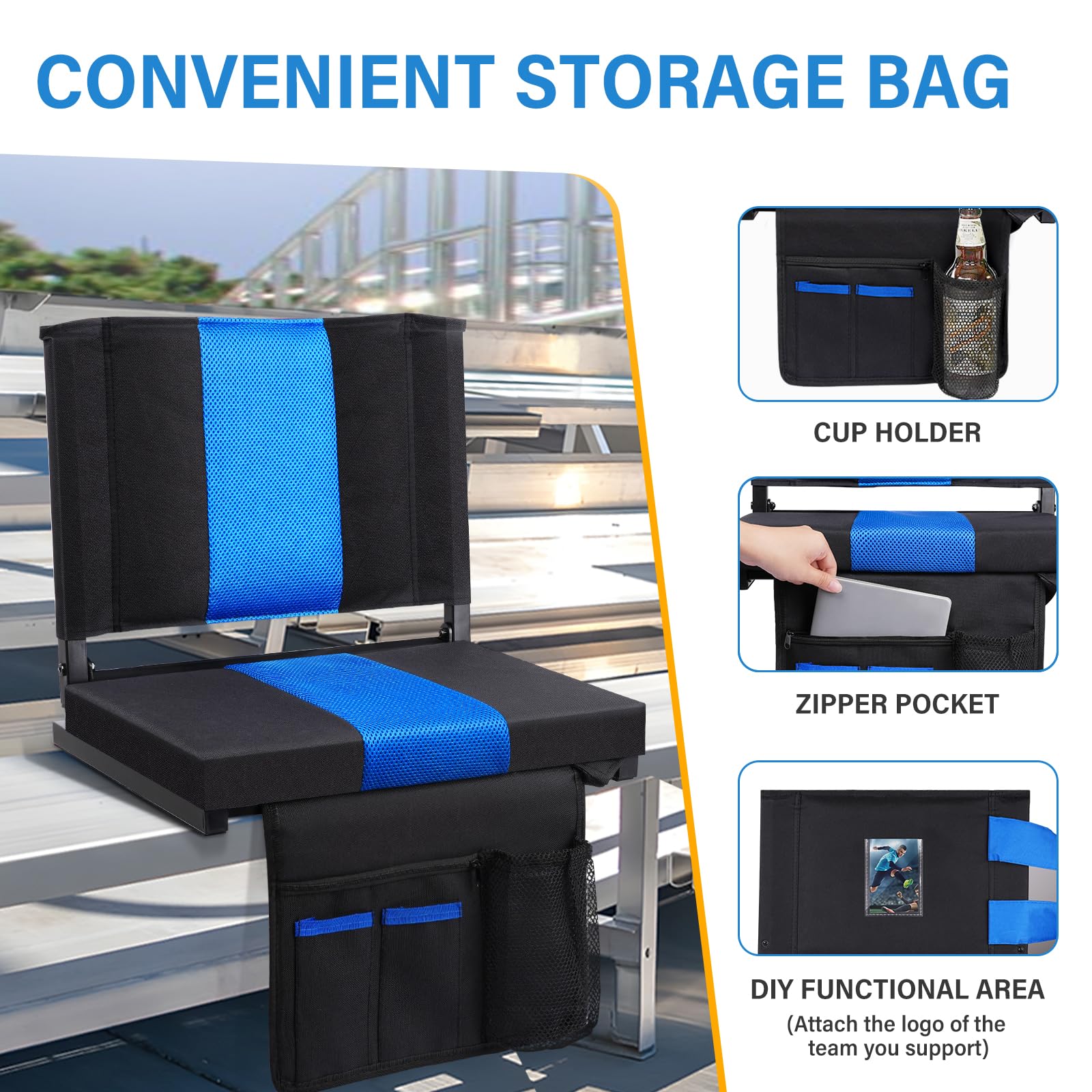 **MKARMATER Portable Stadium Seat Cushion with Back Support – Padded Folding Comfort Bleacher Chair with Shoulder Strap – Perfect for Sports, Concerts, Camping & Outdoor Events**