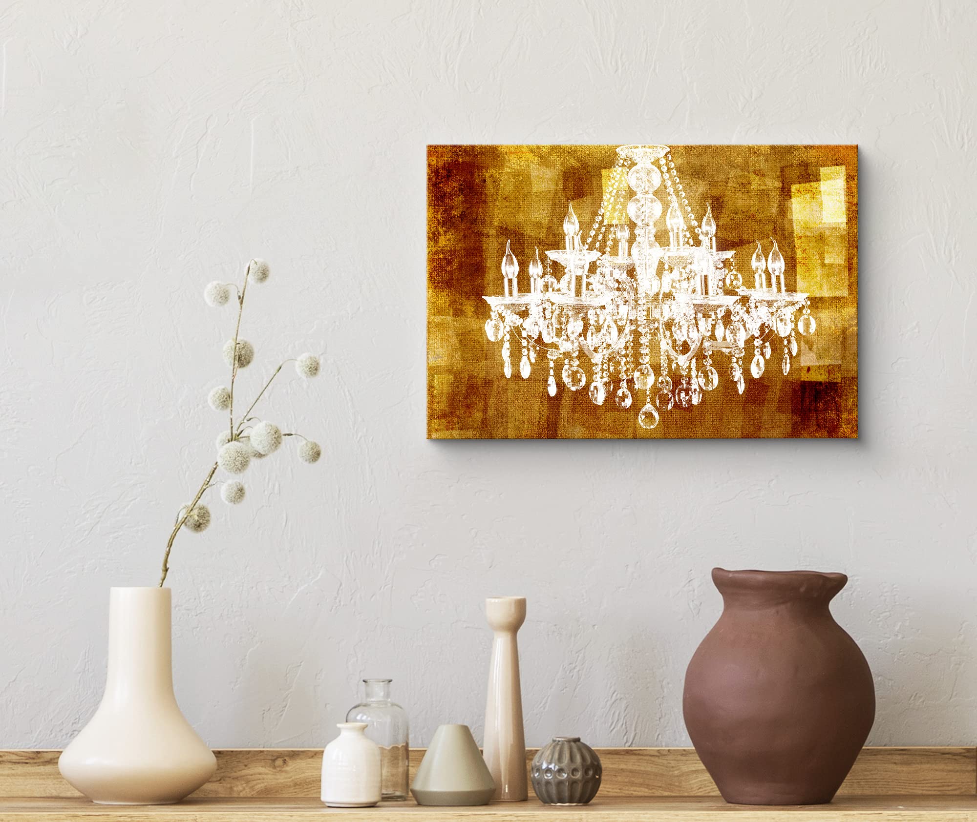 White Chandelier Silhouette on Golden Background Canvas Print - Modern Wall Art Decor for Living Room, Bedroom, Office - 32x48 Inches - Elegant Home Decoration, Perfect for Creating a Relaxing & Chic Atmosphere