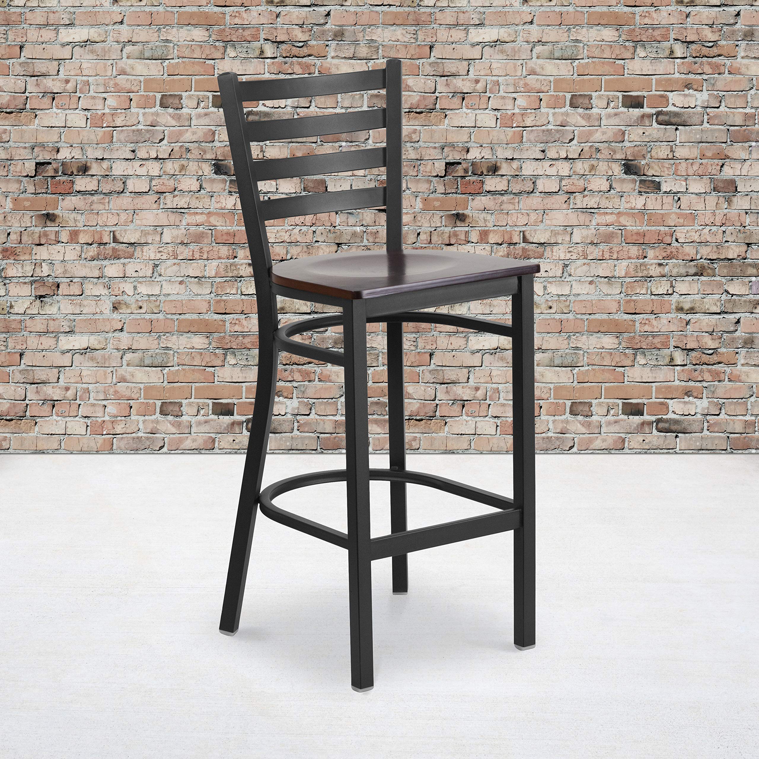 2 Pack Black Ladder Back Metal Bar Stools with Walnut Wood Seat - Counter Height Stools for Kitchen Island, Breakfast Bar & Restaurant Dining