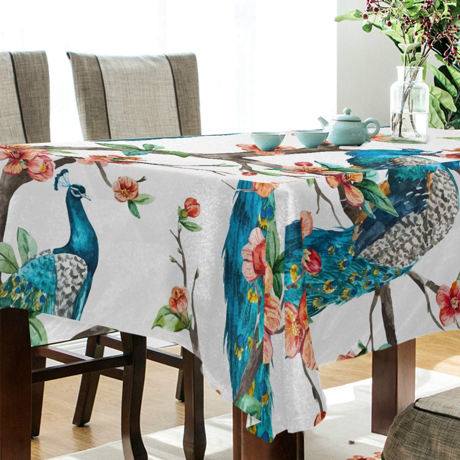 ALAZA 54x54 Inch Square Peacock & Plum Print Tablecloth - Wrinkle Resistant Dining Table Cover for Kitchen, Parties, and Home Decor - Perfect for Holiday Gatherings, Wedding Receptions, and Indoor/Outdoor Events