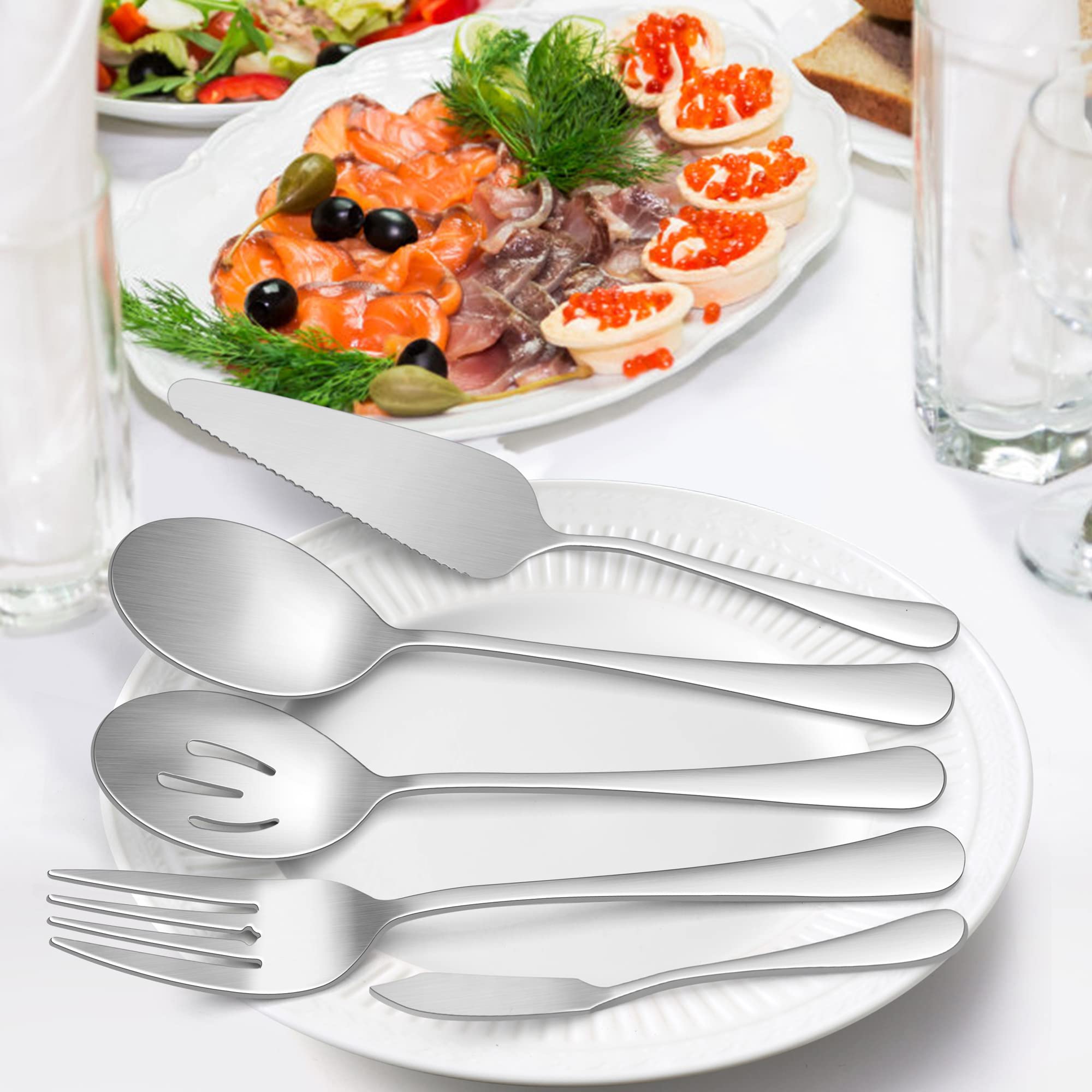 48-Piece Stainless Steel Flatware Set for 8 - Includes Knives, Spoons, Forks & Serving Utensils - Mirror Polish, Dishwasher Safe - Perfect for Dinner Parties, Restaurants & Everyday Dining