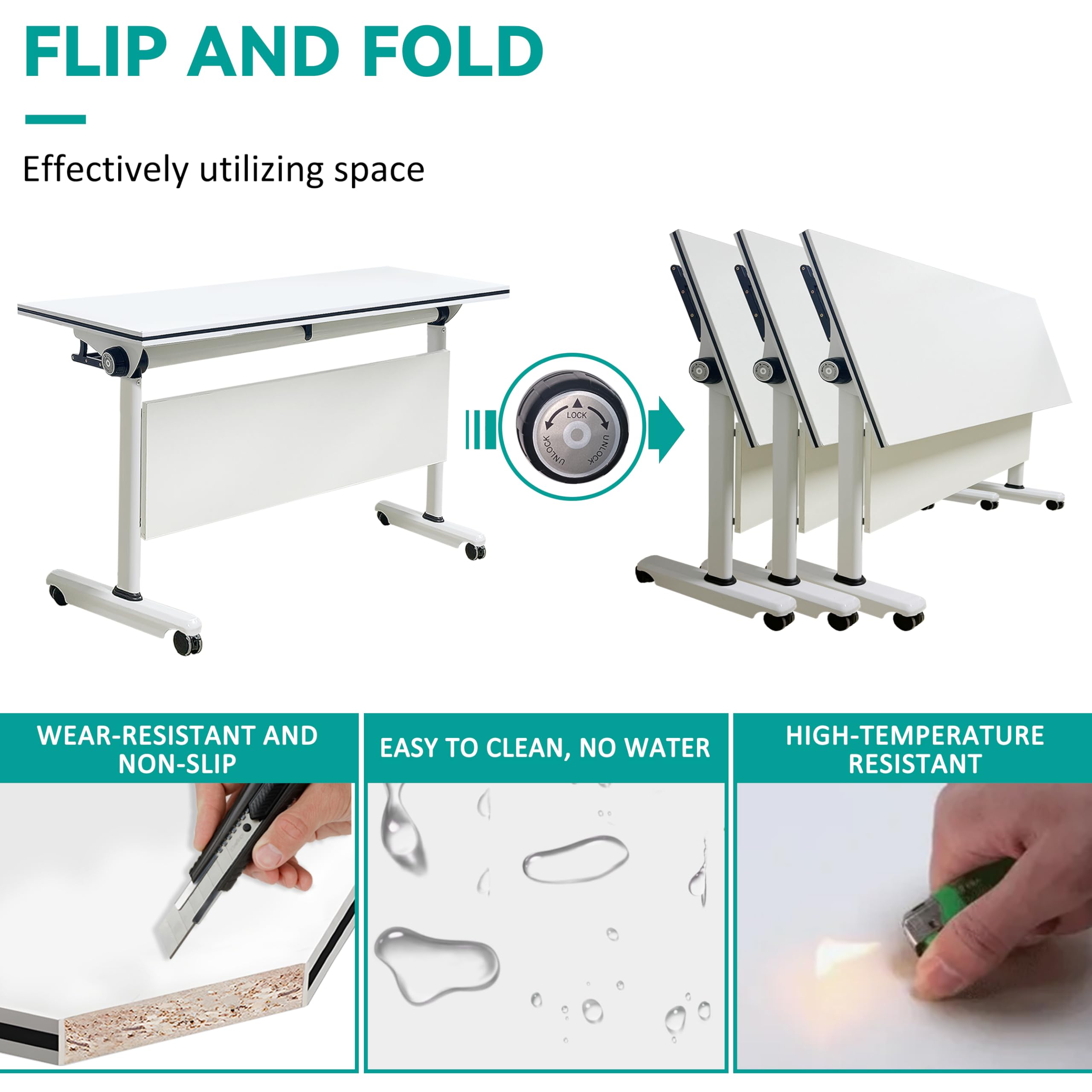 Foldable Flip-Top Conference Table with Casters - 47x20x30 Inch Rectangular Modular Meeting Table for Office, Training Room, Classroom & School - Space-Saving White Workstation (Perfect for Small Spaces, Team Meetings & Multi-Purpose Rooms)