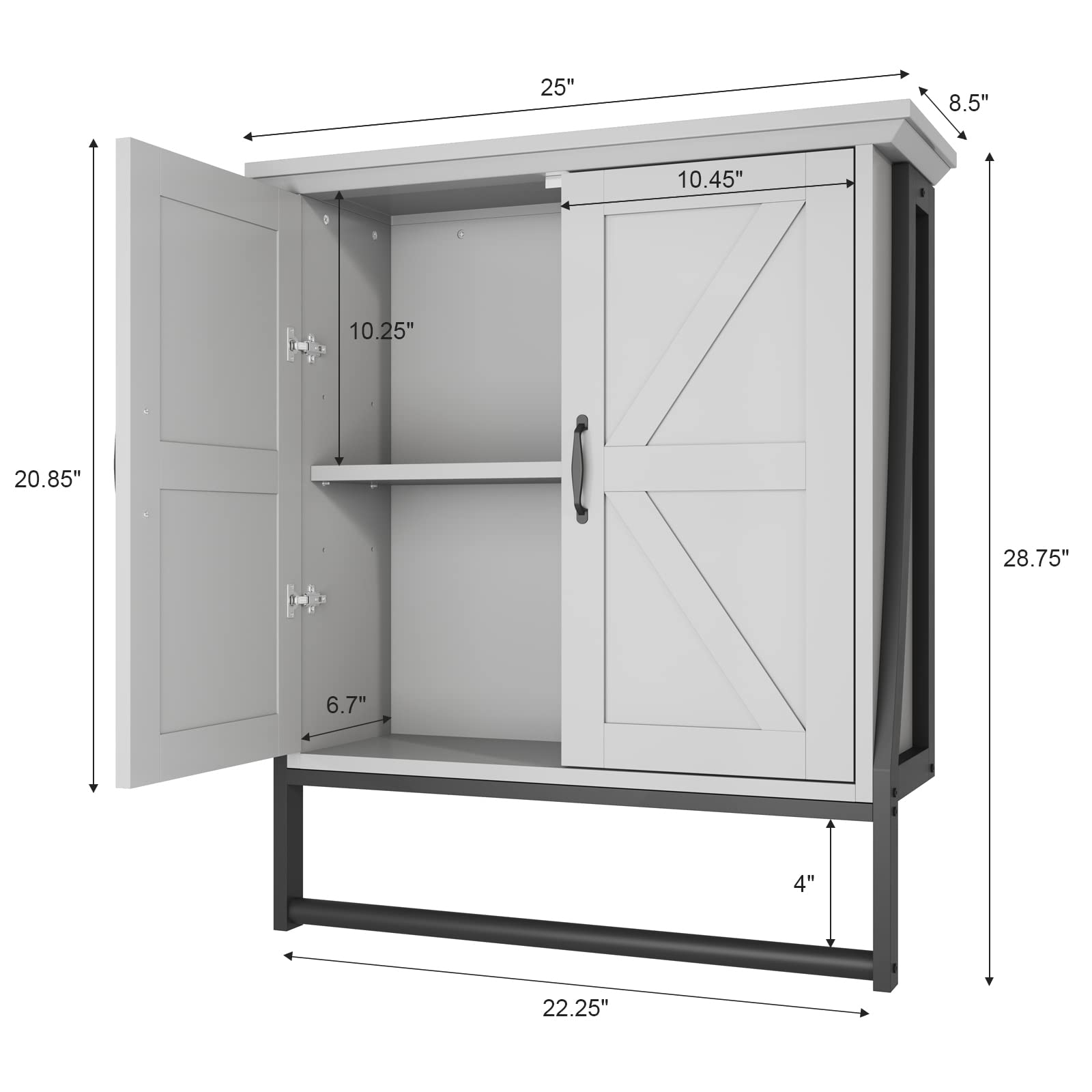 Wall Mounted Bathroom Cabinet with 2 Barn Doors & Towel Bar - Over Toilet Storage Organizer, Medicine Cabinet for Bathroom (Gray) | Perfect for Small Bathrooms, Apartment Storage & Space Saving Solutions