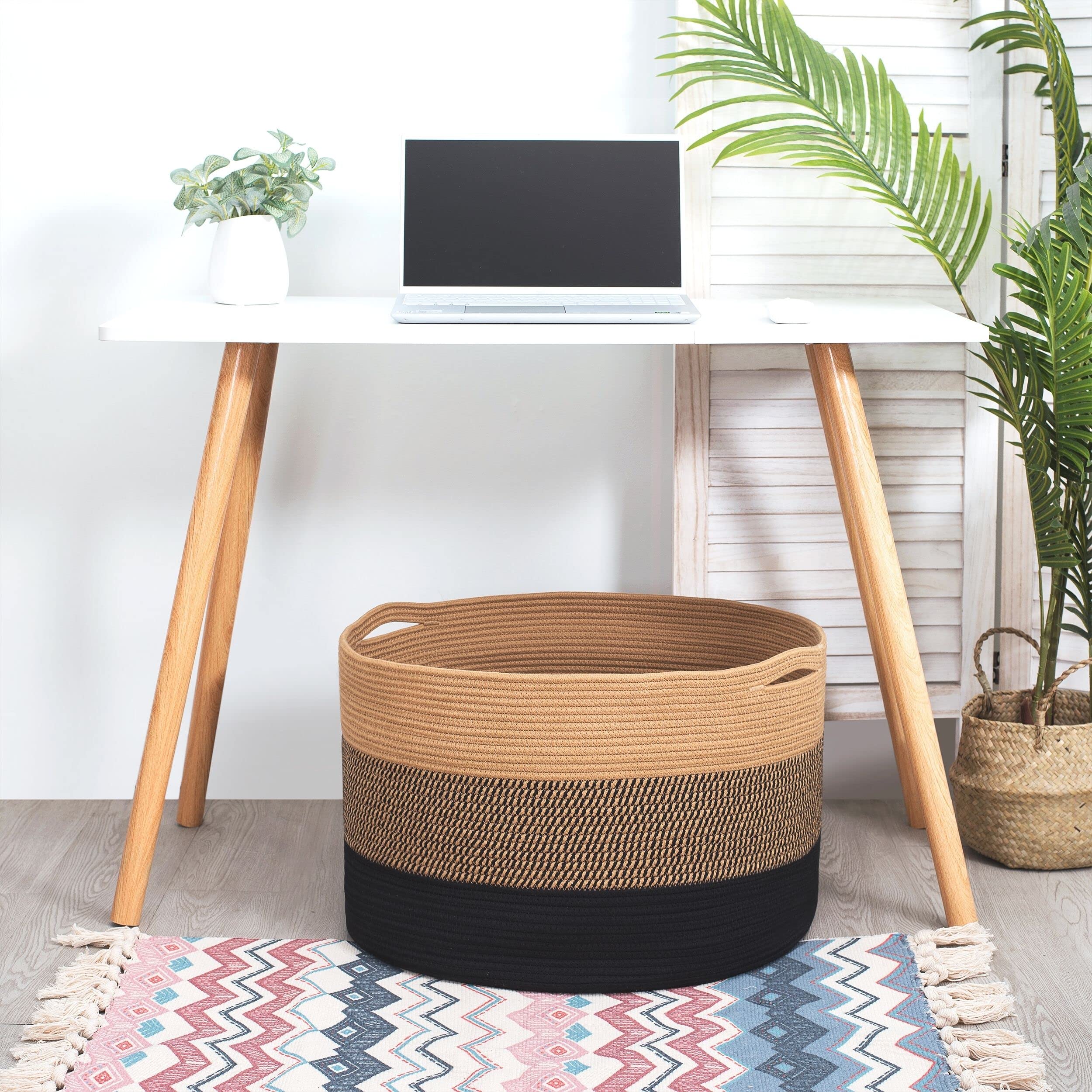 MINTWOOD Extra Large 22x14 Inch Woven Cotton Rope Storage Basket - Blanket Organizer, Laundry Hamper, Toy Bin for Living Room, Bedroom & Nursery - Decorative Black Jute Basket for Home Organization