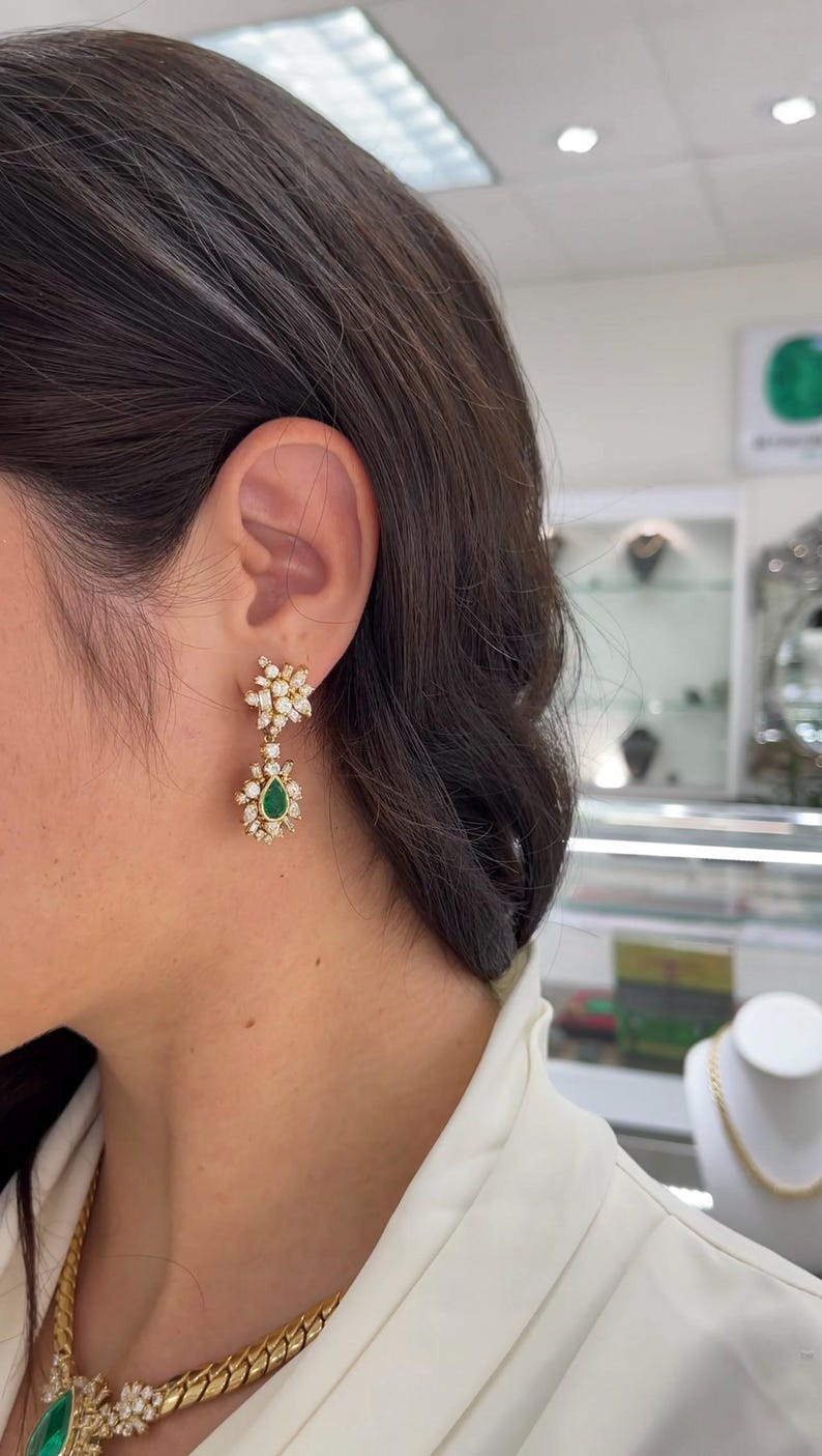 8.0tcw AAA+ Colombian Emerald & Diamond Cluster Dangle Earrings in 18K Gold - Elegant Jewelry for Weddings, Parties & Special Occasions