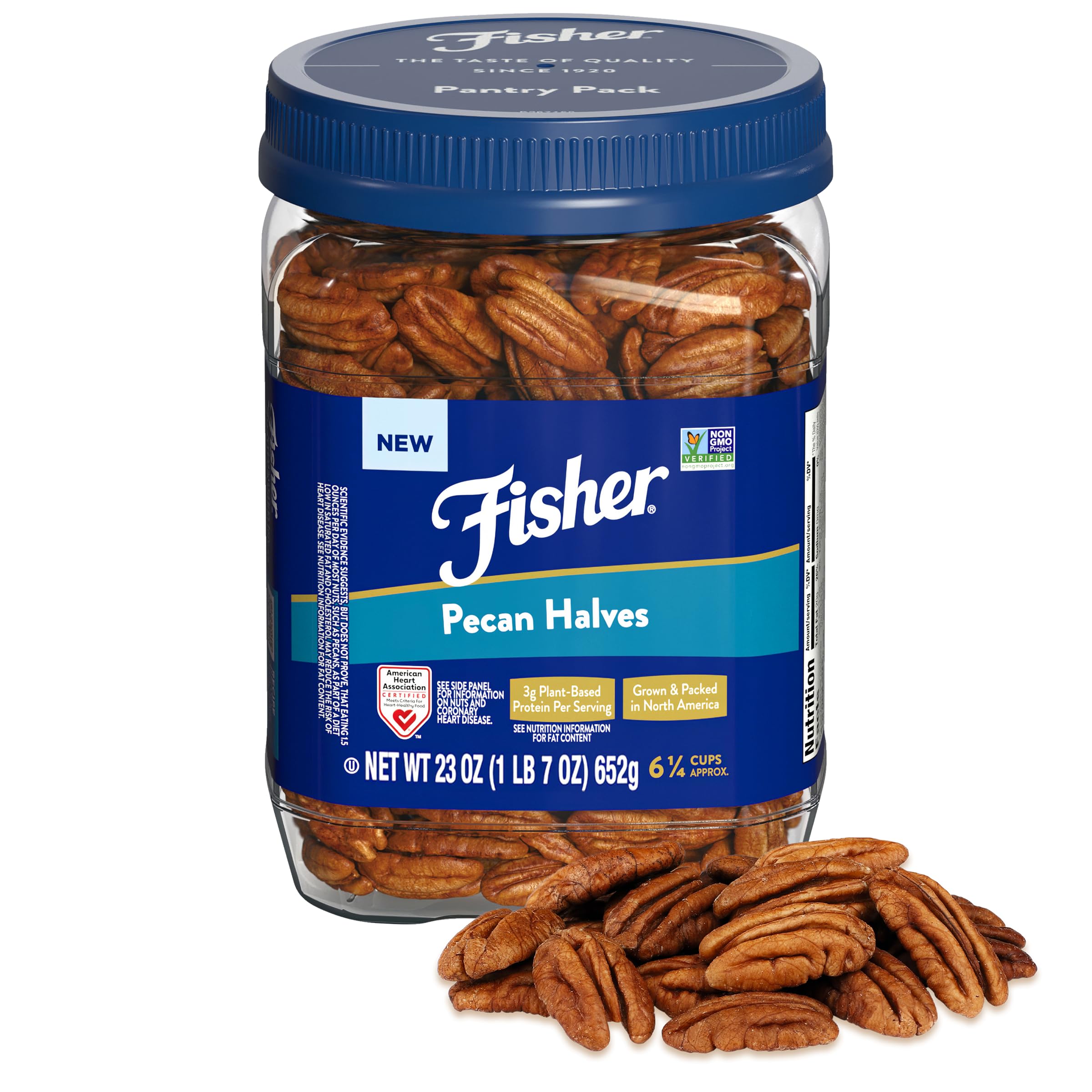 Fisher Chef's Naturals Pecan Halves 23 oz - Unsalted Raw Pecans in Resealable Jar | 100% Natural, Gluten Free, Vegan & Keto Friendly | Perfect for Cooking, Baking, Healthy Snacks & Trail Mix | Great for Salads, Desserts & Meal Prep
