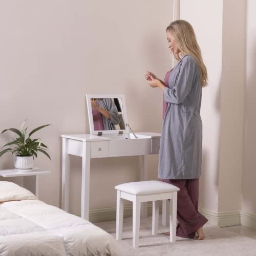 White Wooden Vanity Table with Flip-Top Mirror - Makeup Desk & Writing Desk for Bedroom, Dressing Room & Home Office | Elegant Vanity Set with Storage