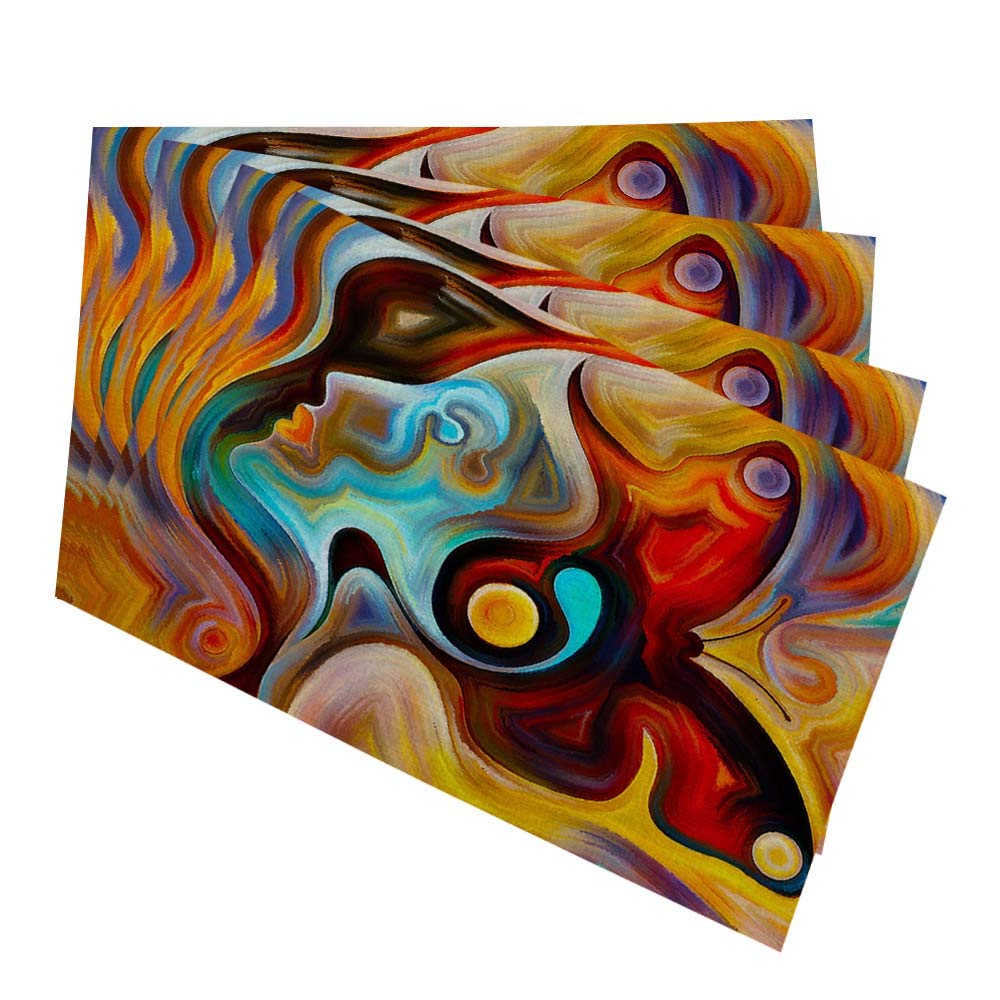 Fractal Waved Placemats Set of 4 - Brown, Red, Orange & Gold Watercolor Table Mats, 12x18 Inch Cotton Linen Dining Placemats for Kitchen, Home Decor & Holiday Dinner Parties