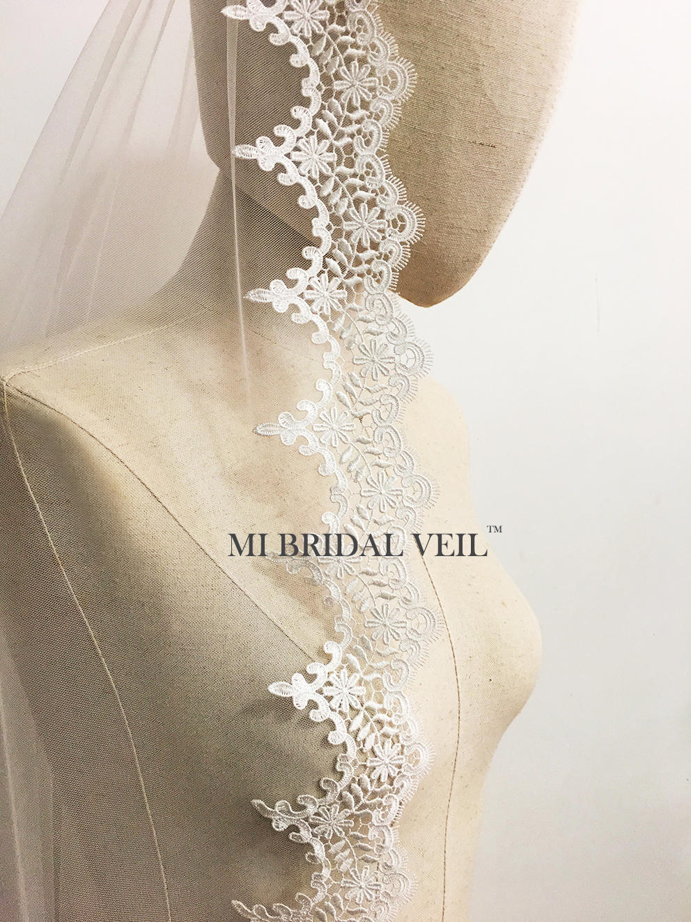 Elegant Mantilla Lace Wedding Veil with Venice Crochet & Rose Leaf Design - Perfect for Bridal Ceremonies, Church Weddings & Vintage Style Photos