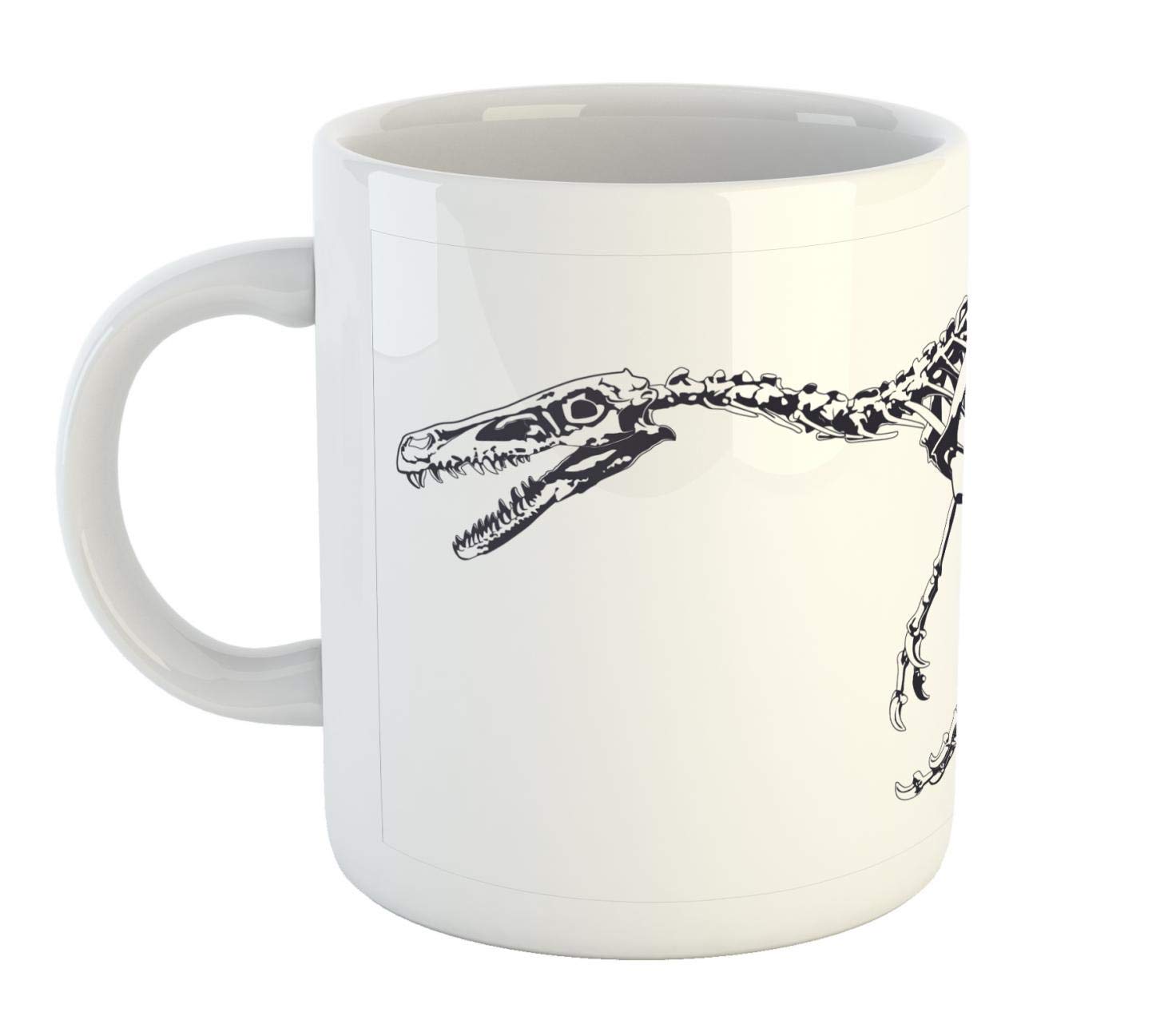 Ambesonne Dinosaur Skeleton Mug - 15oz Ceramic Coffee Cup with Prehistoric Raptor Bones Design for Tea, Hot Chocolate & Cold Drinks - Perfect Gift for Paleontology Lovers & Jurassic Themed Parties (Black & White)