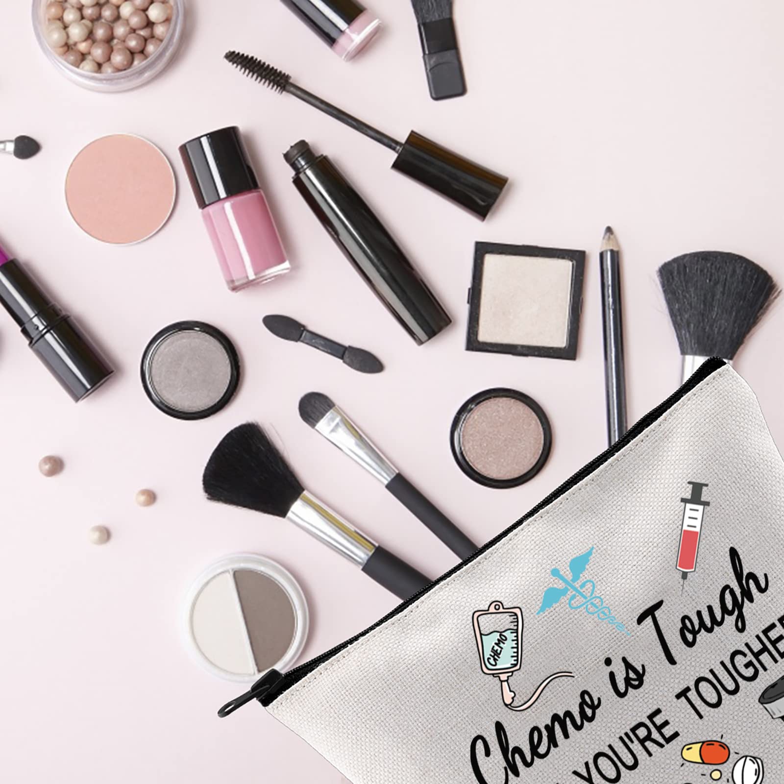 FOTAP Chemo Care Package - Chemotherapy Gift Set with Makeup Bag for Cancer Patients - Inspirational 'Chemo is Tough But You're Tougher' Design (White) - Perfect for Hospital Visits, Recovery Support & Encouragement Gifts
