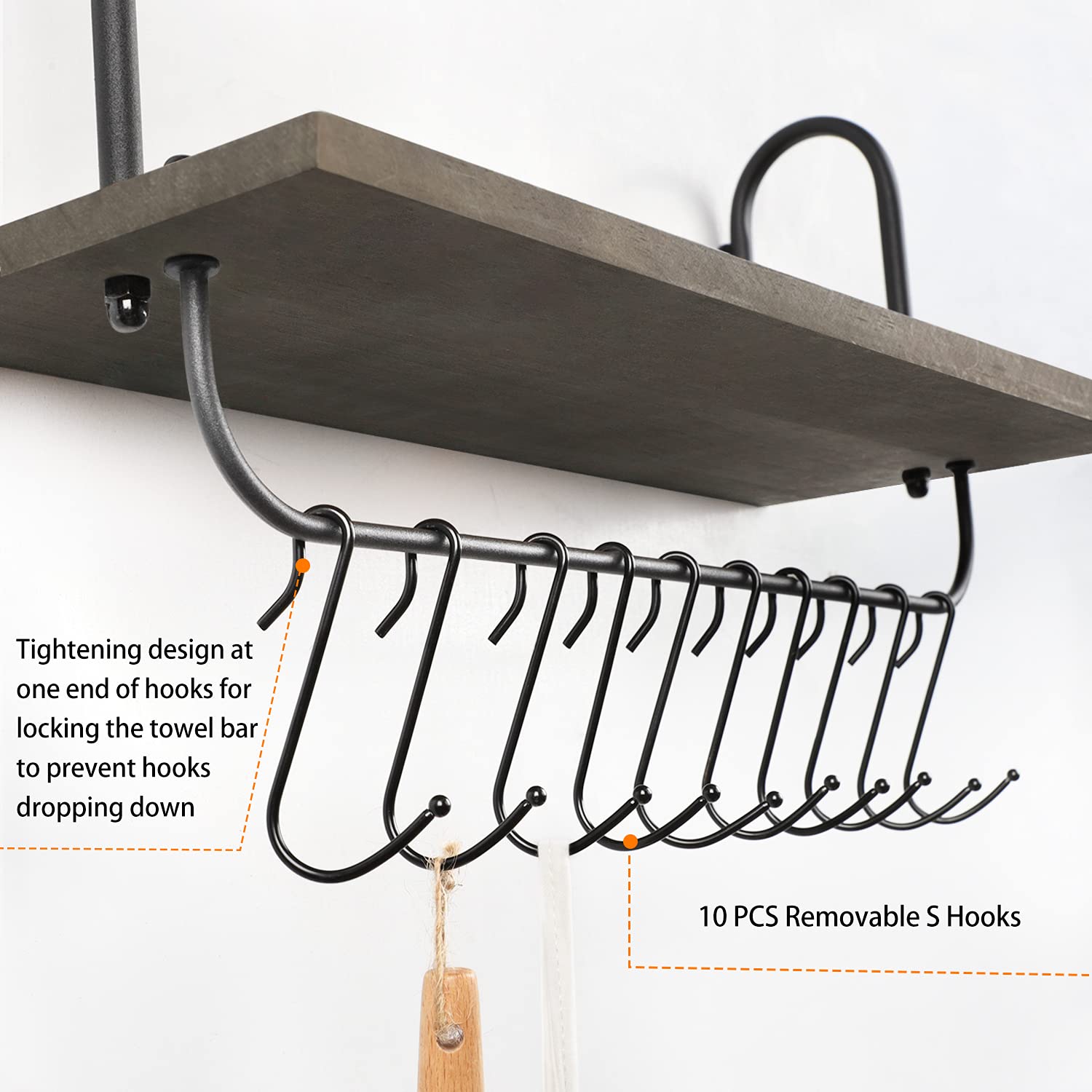 Olakee 2-Pack Floating Wall Shelves with 10 Adjustable Hooks - 17x5.9 Inch Rustic Bathroom & Kitchen Storage for Mugs, Towels, Utensils - Perfect for Small Spaces, Coffee Nooks & Farmhouse Decor (Weathered Grey)