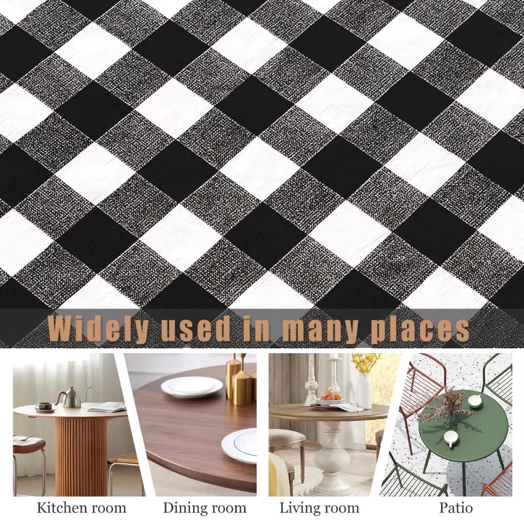 Fitable Vinyl Round Elastic Tablecloth with Flannel Backing - Waterproof Plaid Picnic Table Cover for Indoor & Outdoor Use, Black & White (Fits 57