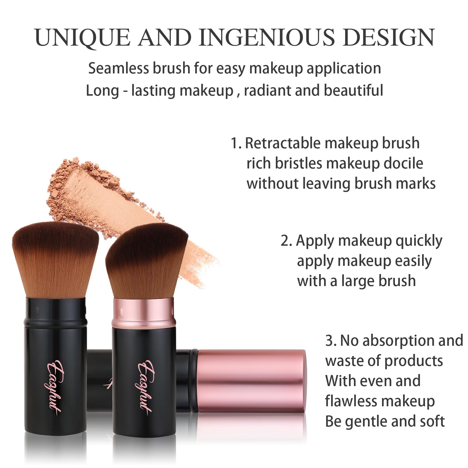 Retractable Kabuki Makeup Brushes Set - 2 Pcs Rose Gold Blush & Powder Brushes with Flat & Angled Heads for Liquid, Cream & Foundation - Perfect for Travel, On-the-Go Touch Ups & Professional Makeup Application